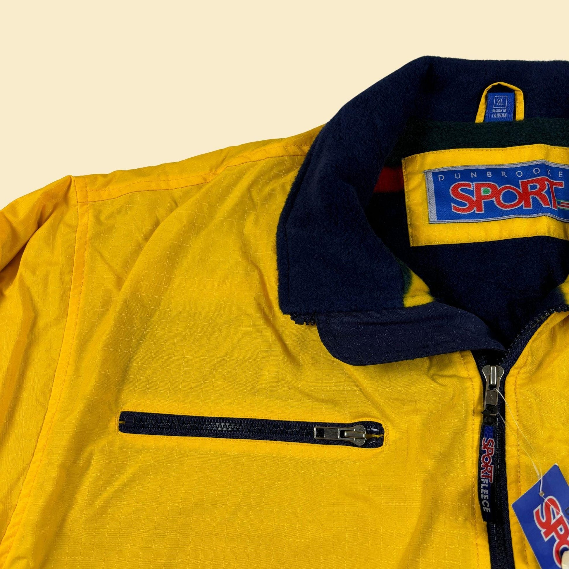 90s XL Dunbrooke Sport jacket, vintage fleece lined yellow & blue zip up jacket