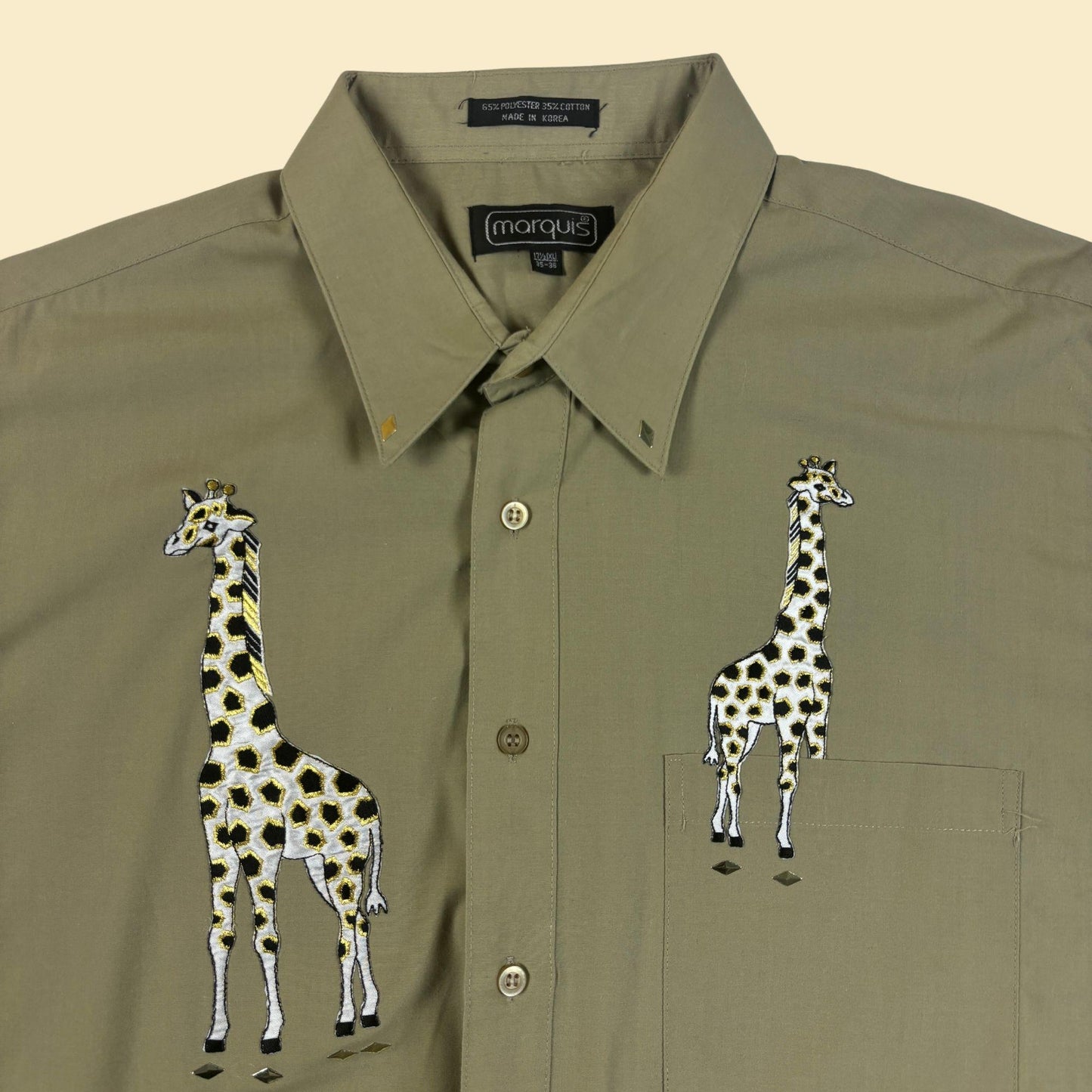 80s/90s giraffe shirt by Marquis, size XL tan giraffe embroidery button down top