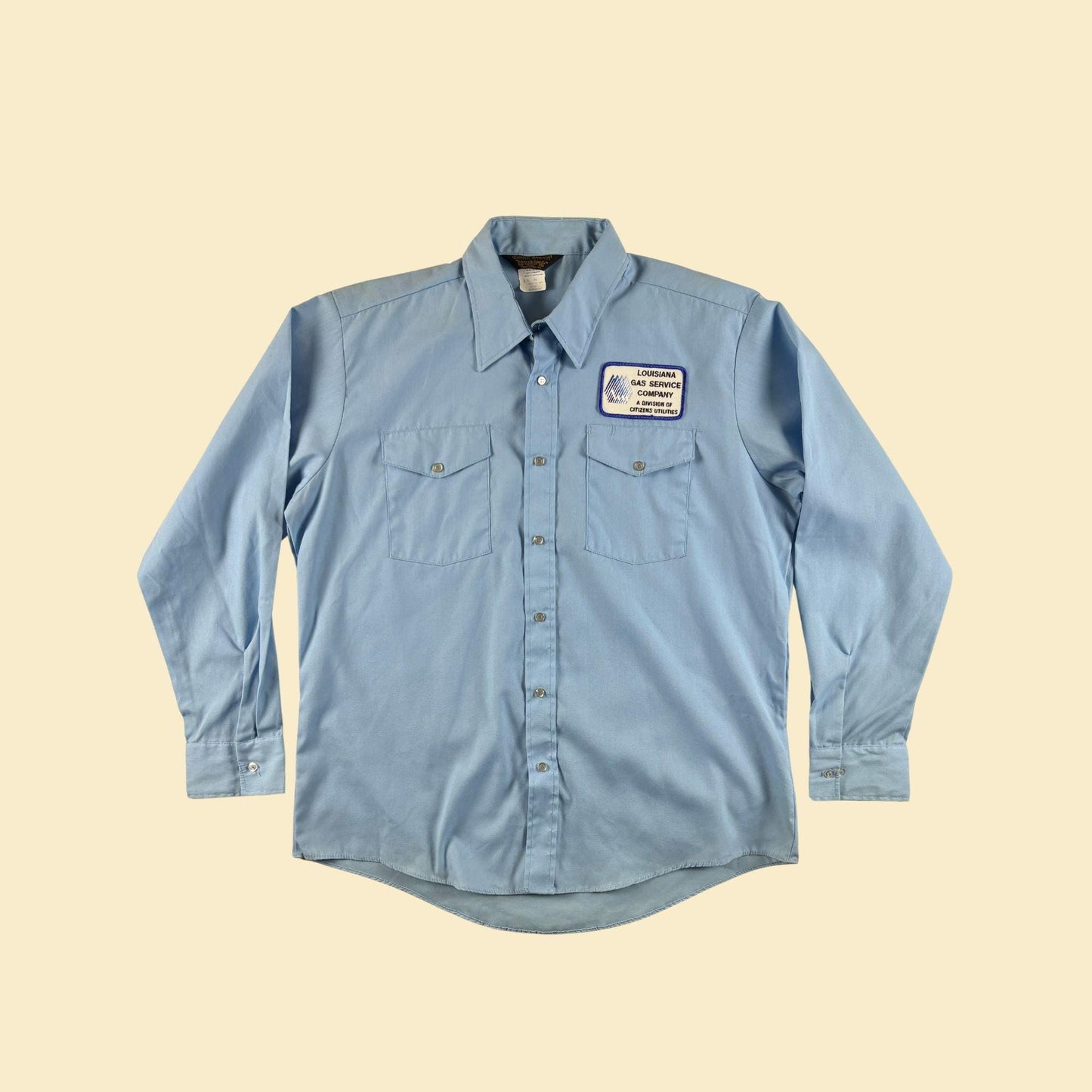 70s/80s Louisiana Gas workwear shirt, size XL vintage pastel blue long sleeve top