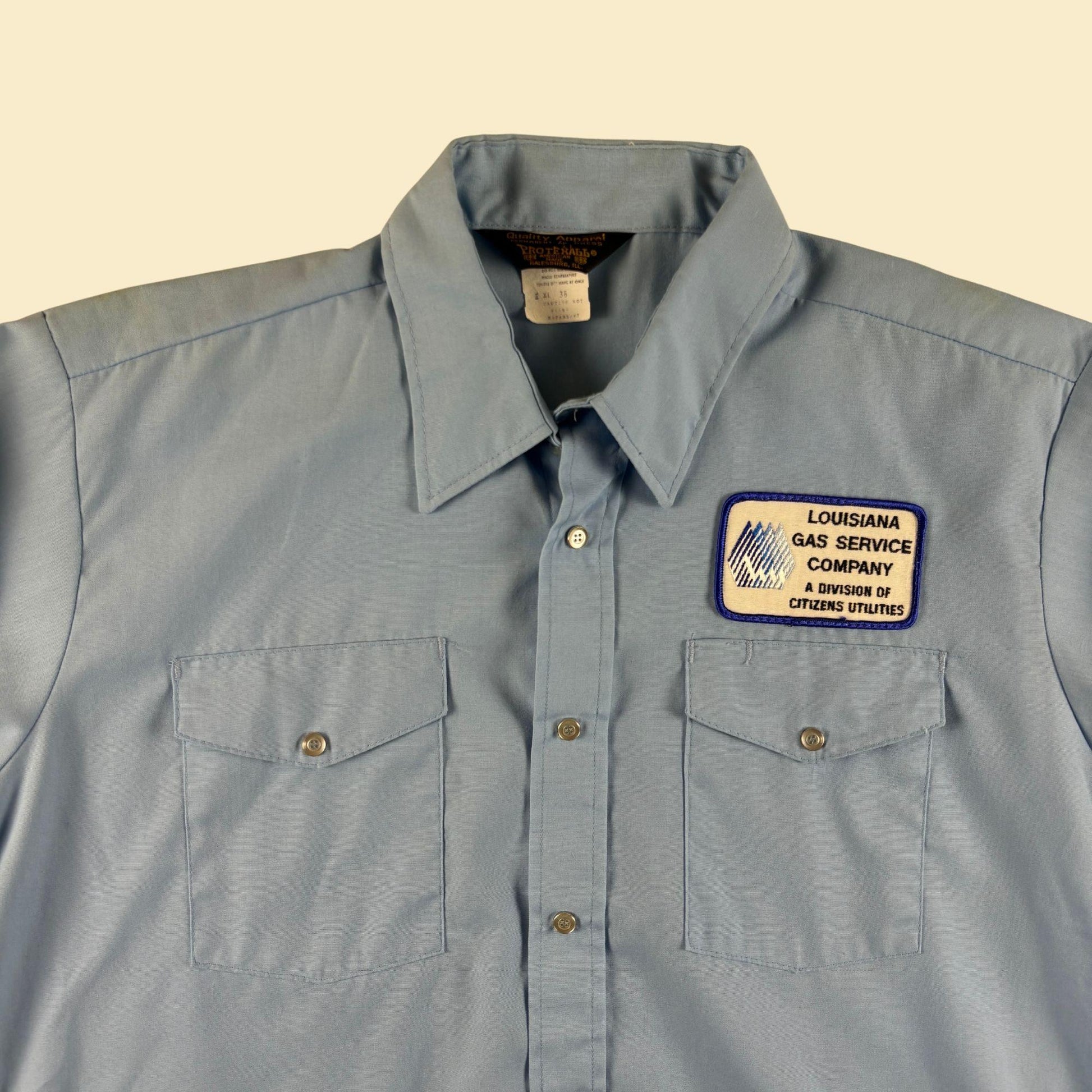 70s/80s Louisiana Gas workwear shirt, size XL vintage pastel blue long sleeve top