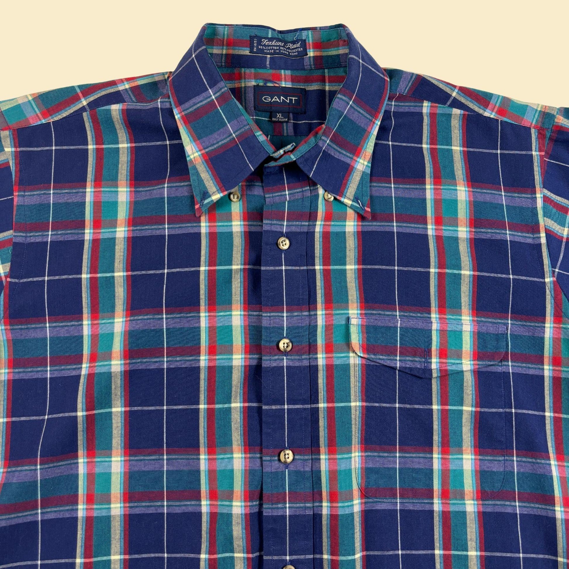 90s XL Gant shirt, vintage blue & teal short sleeve plaid men's button down top