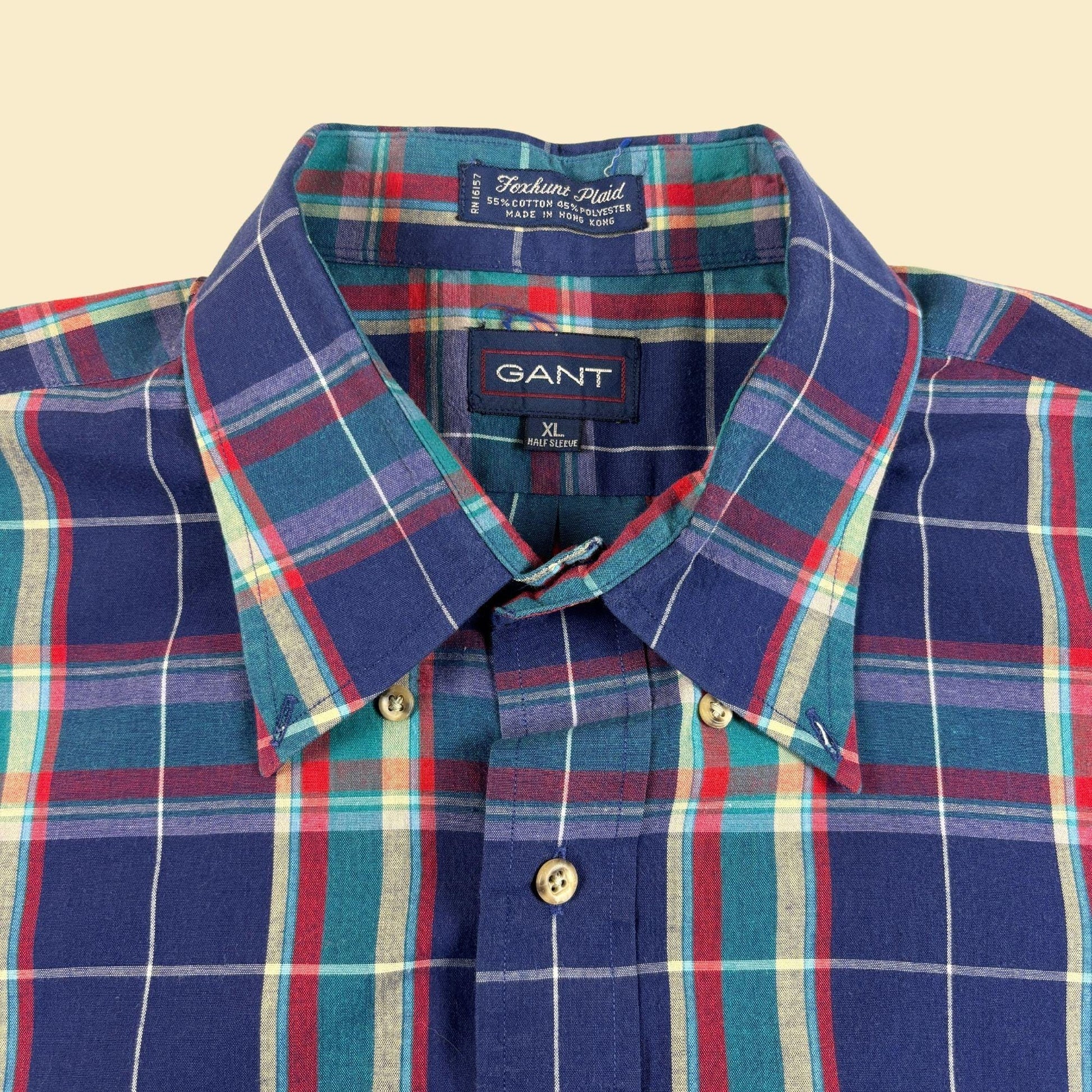 90s XL Gant shirt, vintage blue & teal short sleeve plaid men's button down top