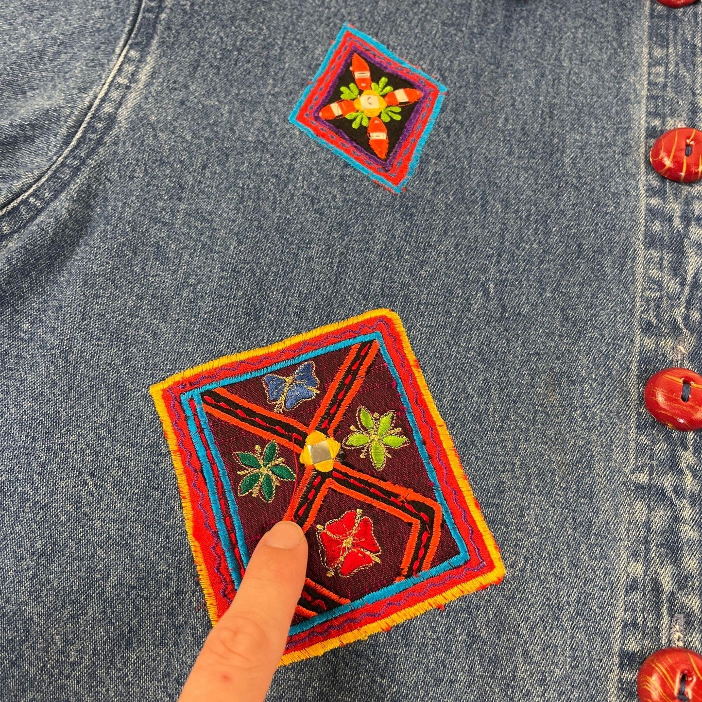 1990s abstract denim shirt, size L vintage women's blue, red & orange geometric button down jean top by Lifestyle