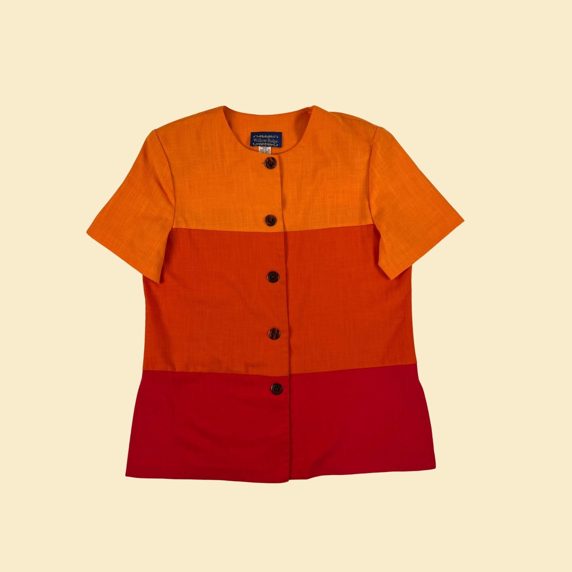 1980s orange 16T blouse by Willow Ridge, vintage color block orange & red short sleeve top w/ shoulder pads