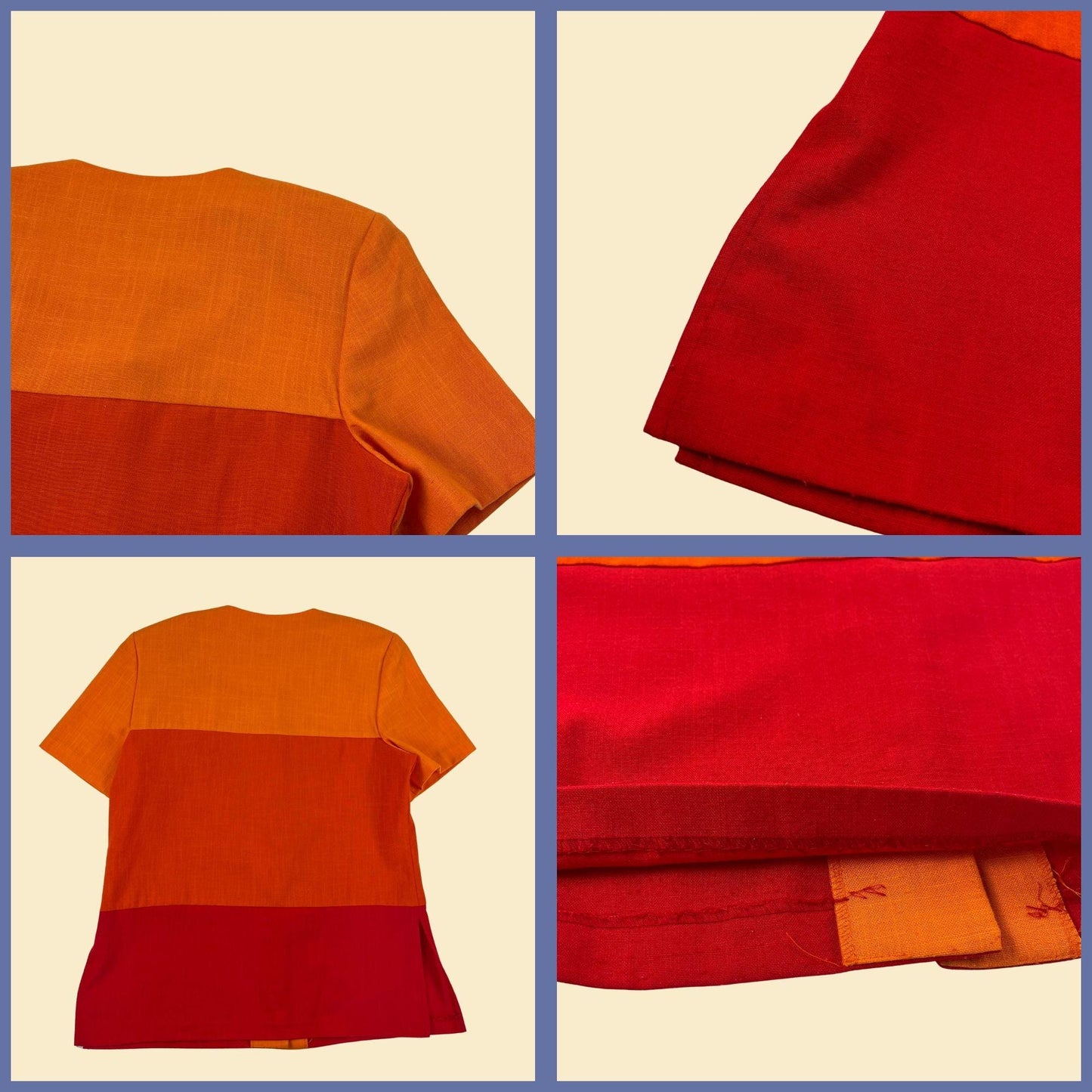 1980s orange 16T blouse by Willow Ridge, vintage color block orange & red short sleeve top w/ shoulder pads