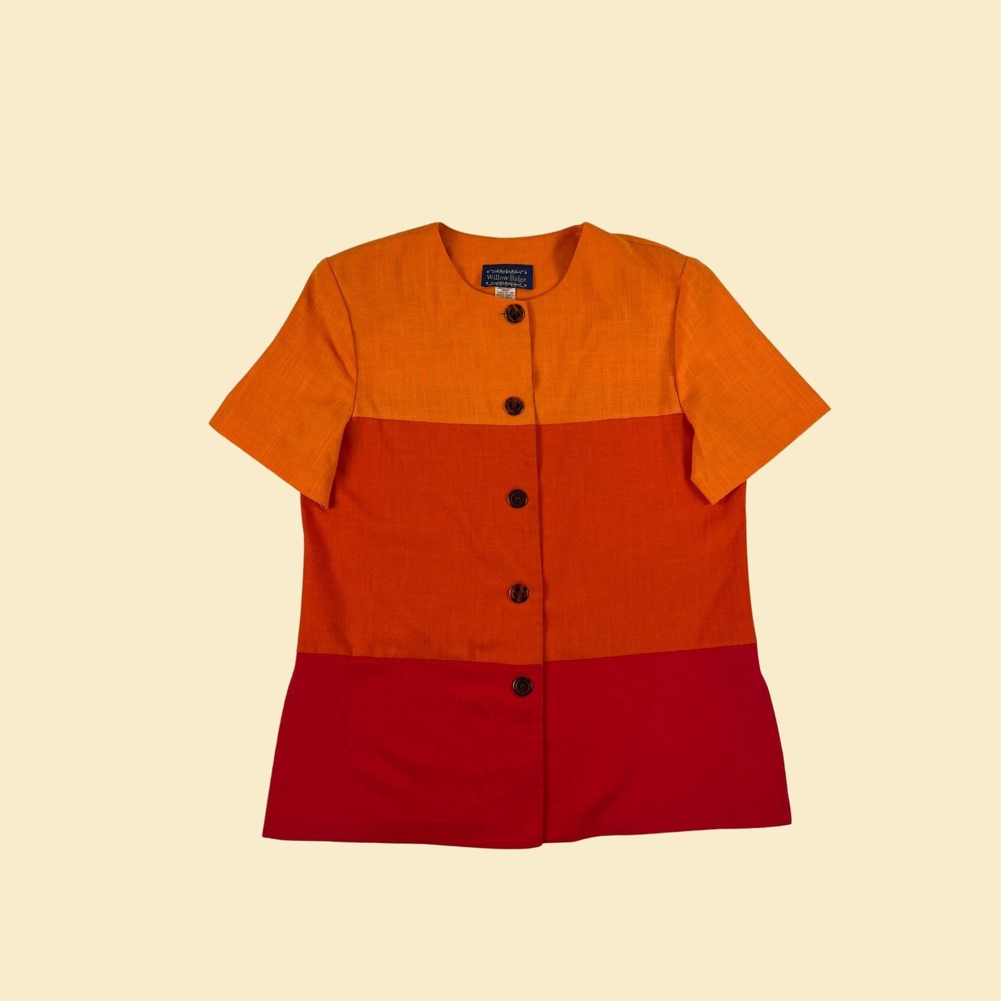 1980s orange 16T blouse by Willow Ridge, vintage color block orange & red short sleeve top w/ shoulder pads