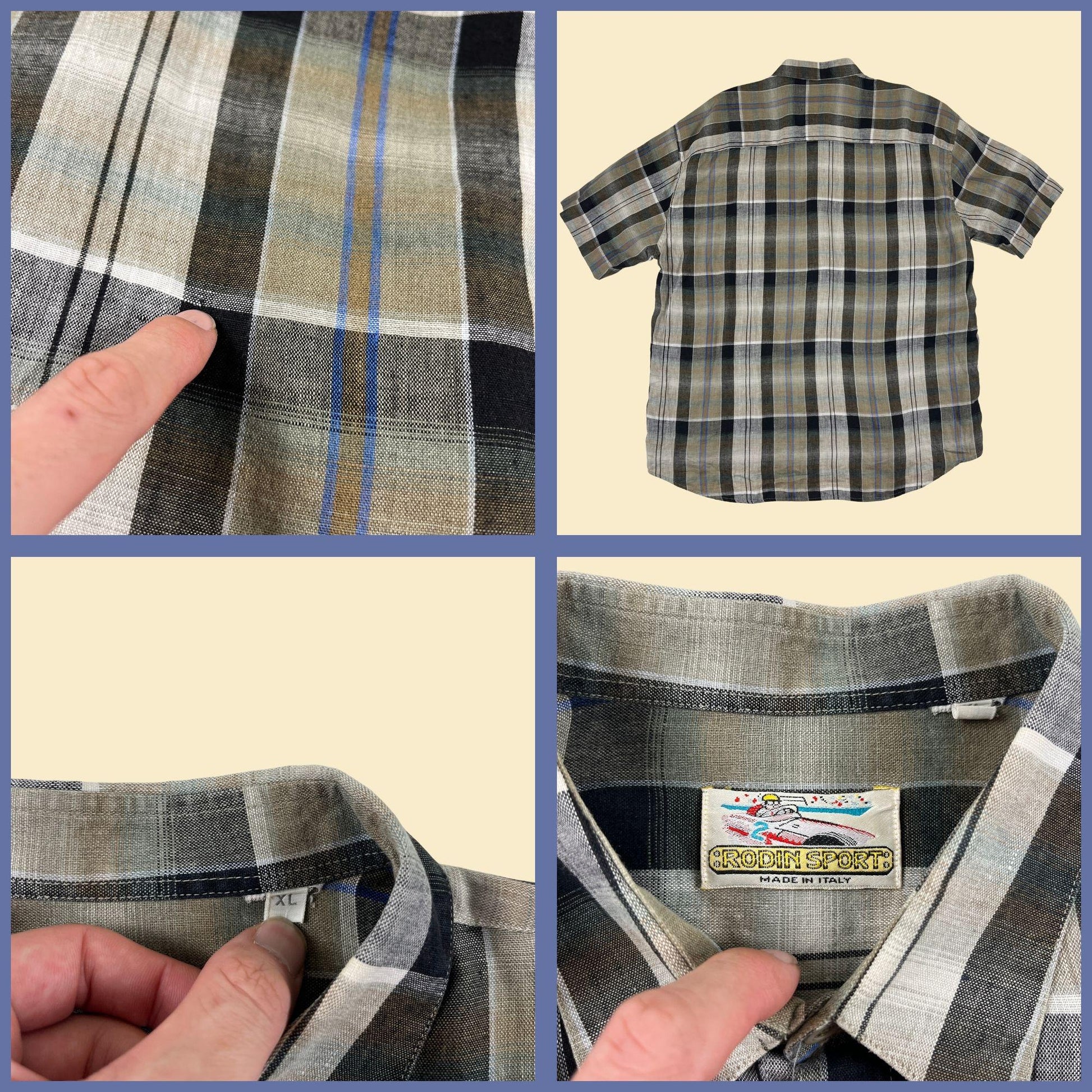 1970s XL plaid shirt by Rodin Sport, vintage men's grey & blue short sleeve button down