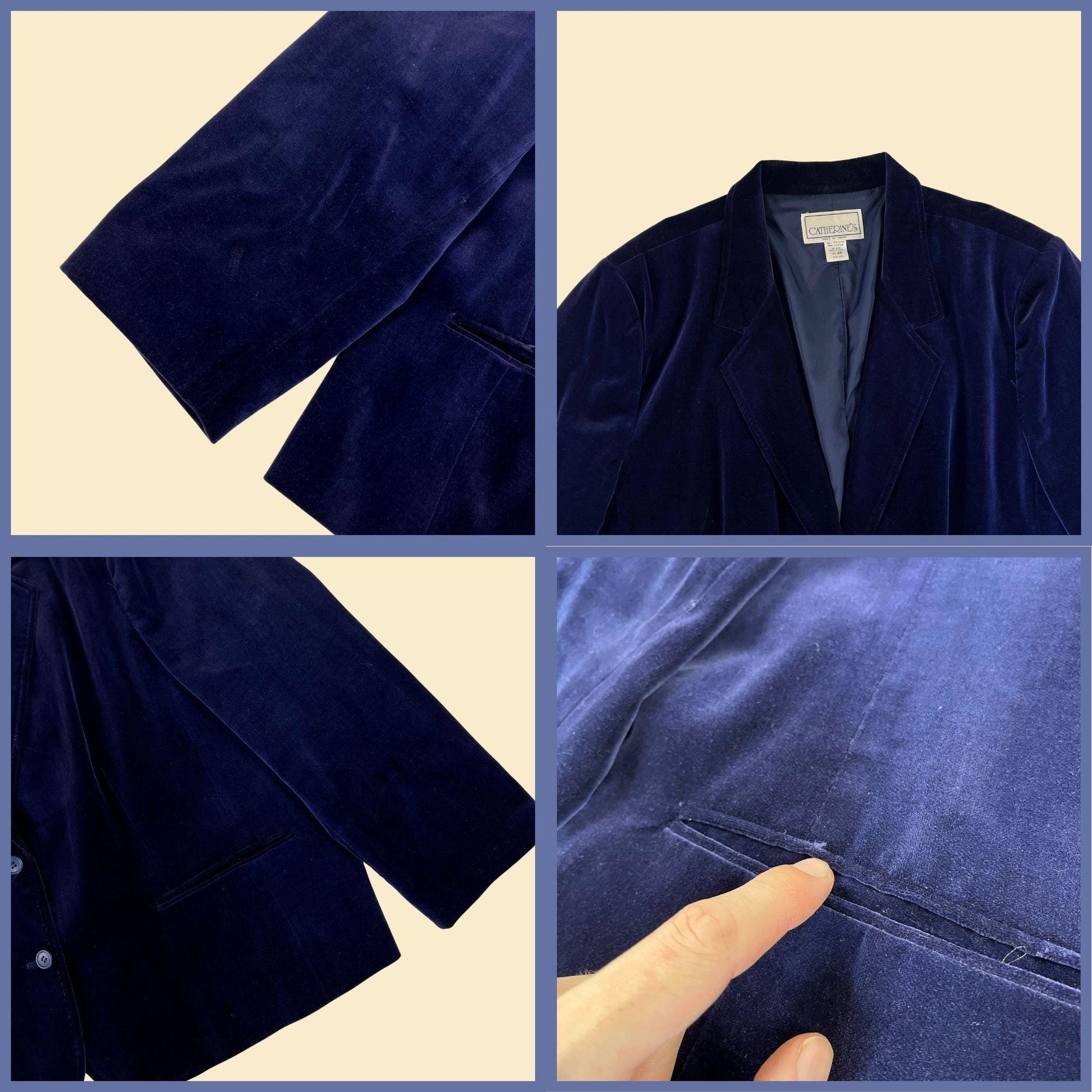 1970s blue velour blazer jacket by Catherines, vintage women's size 48 jacket, Japan Made