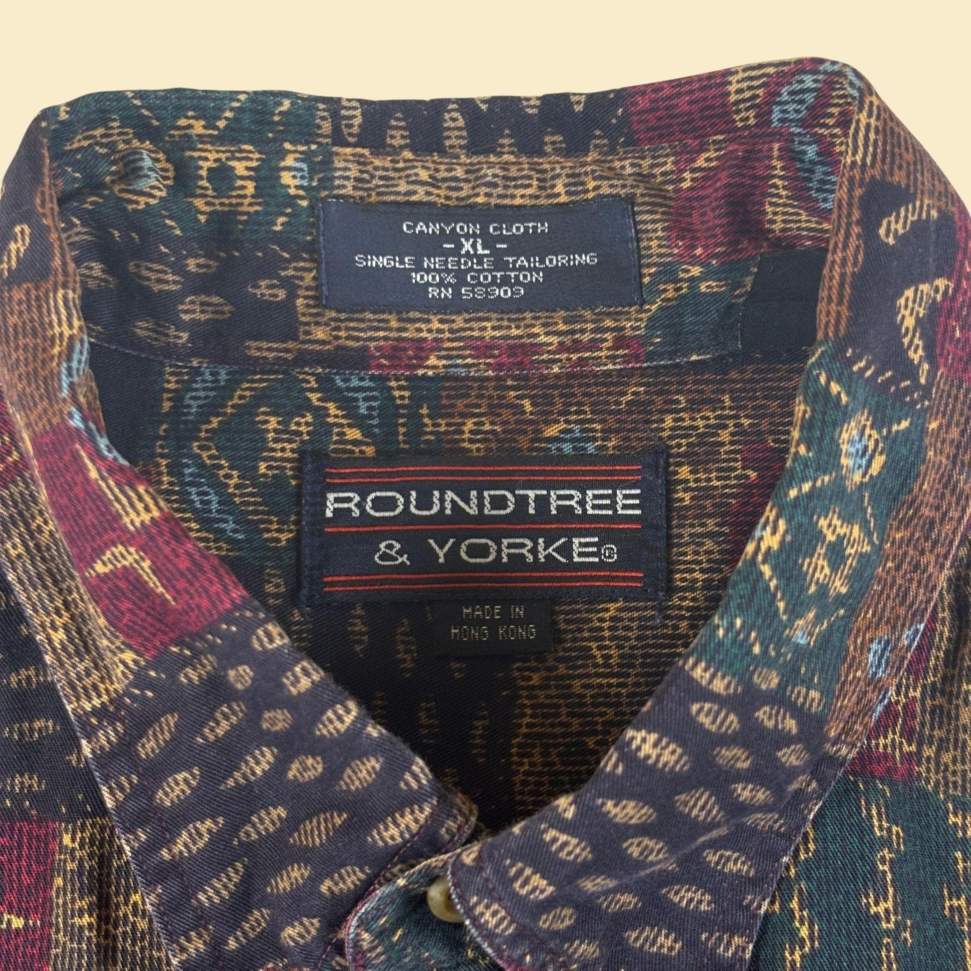 90s XL geometric men's shirt by Roundtree & Yorke, vintage blue/green abstract button down top