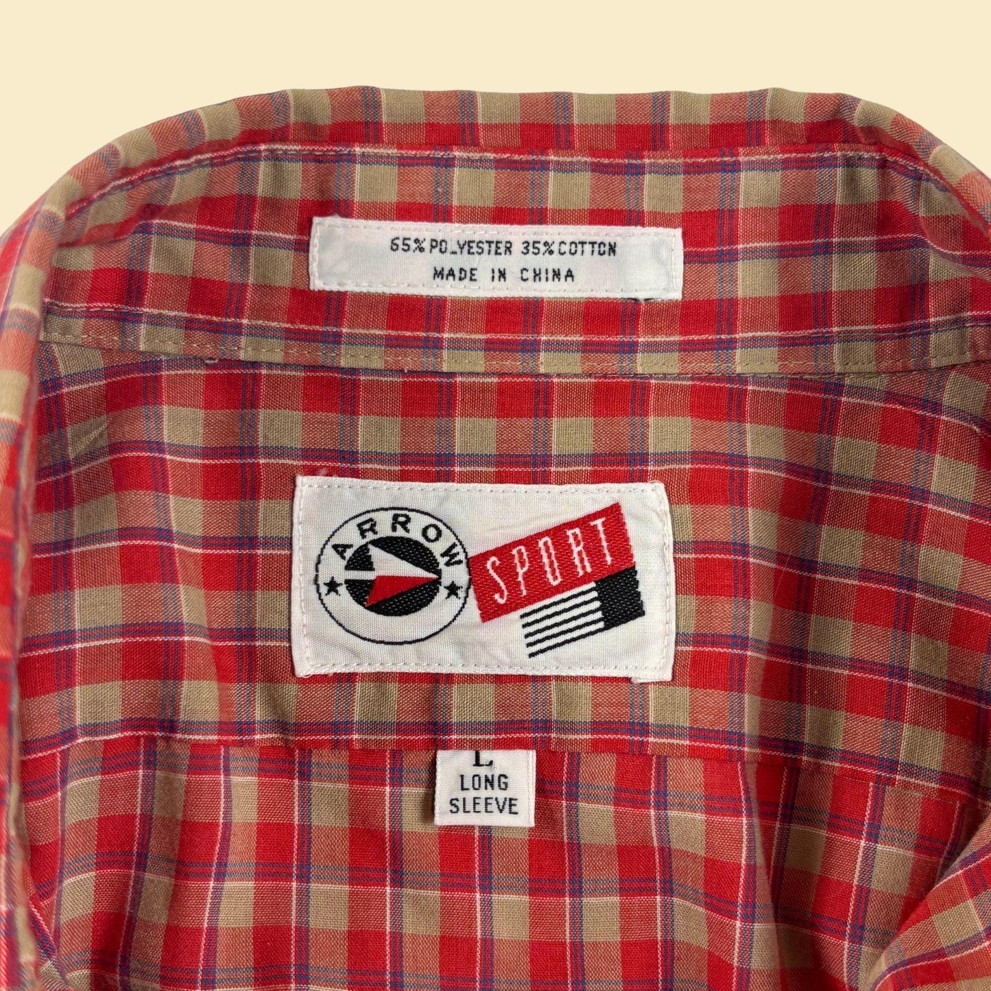 1970s Arrow Sport L shirt, vintage red & blue plaid lightweight longsleeve button down