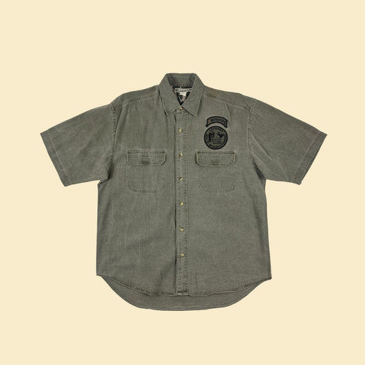 1980s Dep of Wildlife & Fisheries Instructor shirt, vintage M to L grey short sleeve outdoors button down top