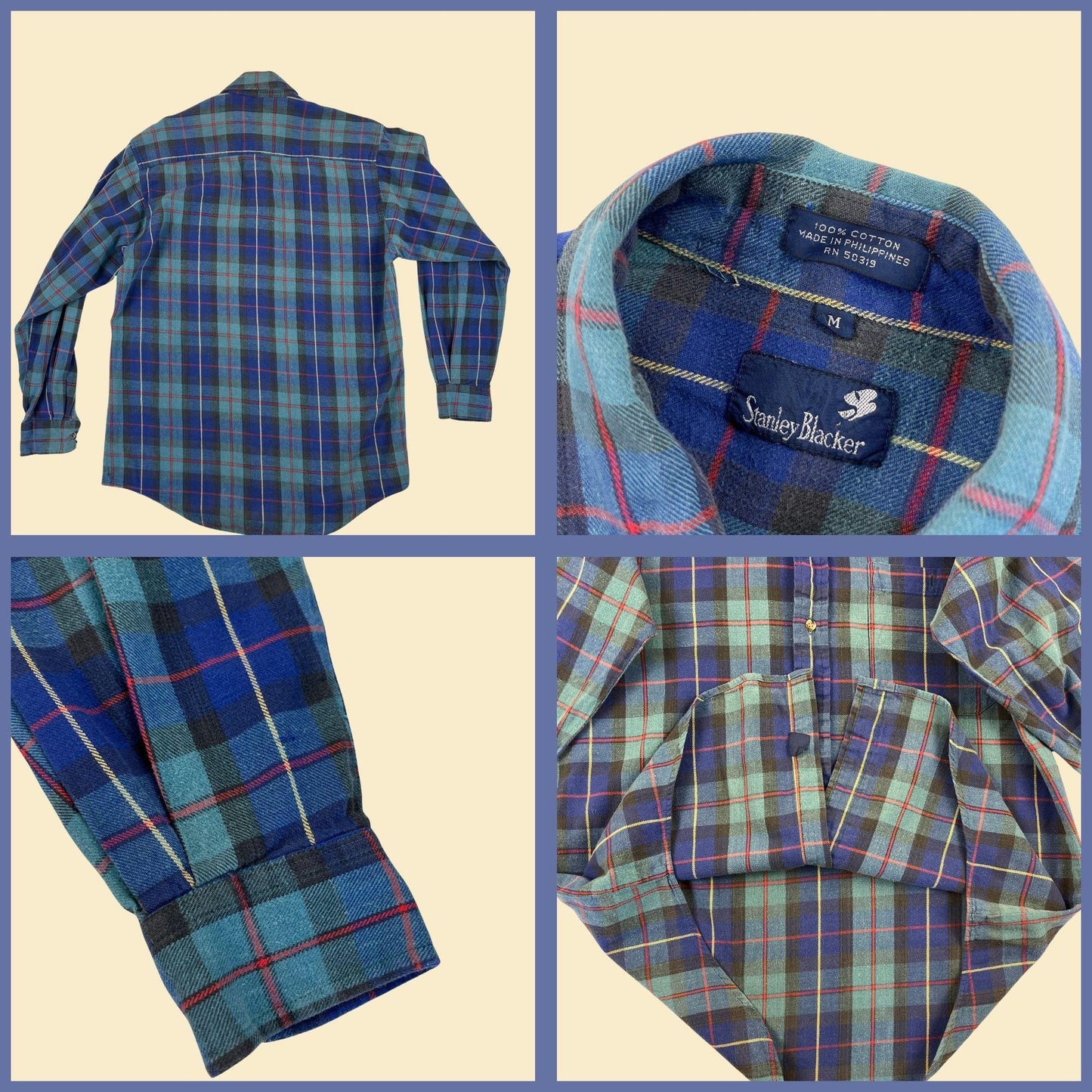 1980s M flannel shirt, vintage blue & teal plaid button down top by Stanley Becker