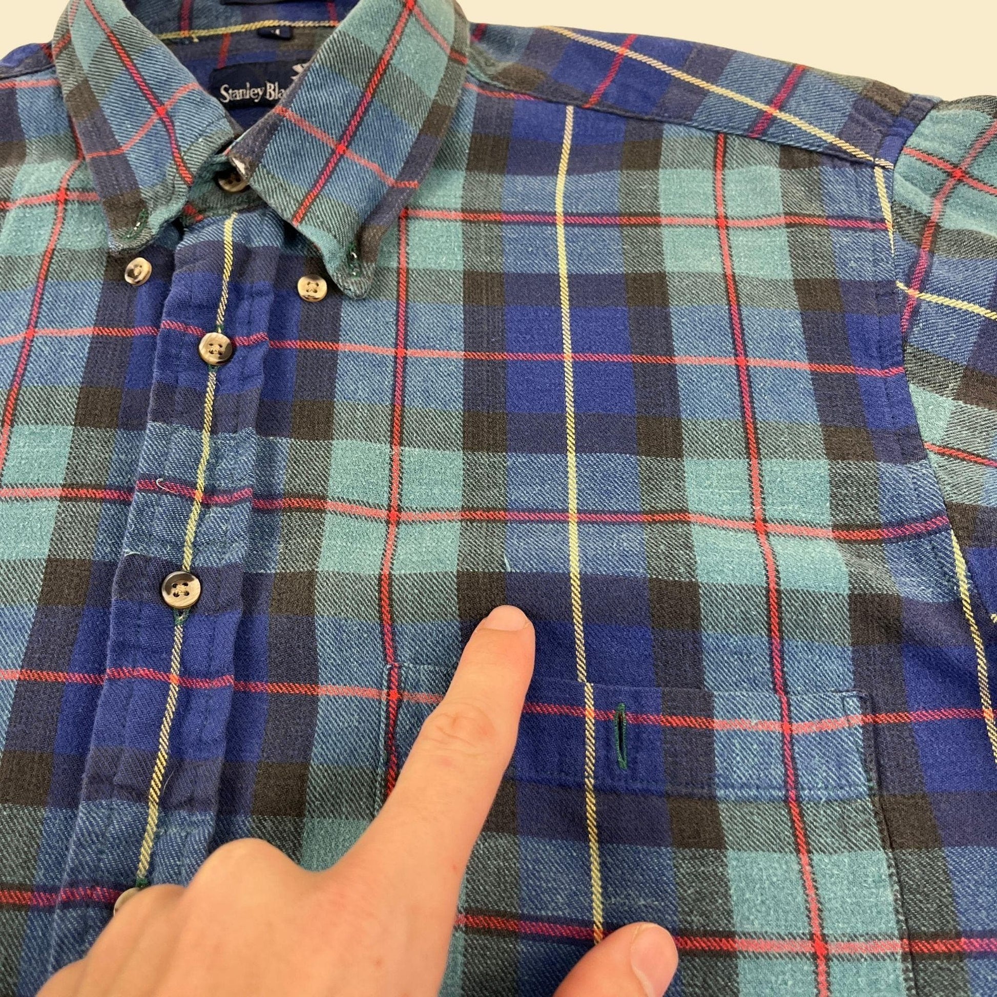 1980s M flannel shirt, vintage blue & teal plaid button down top by Stanley Becker