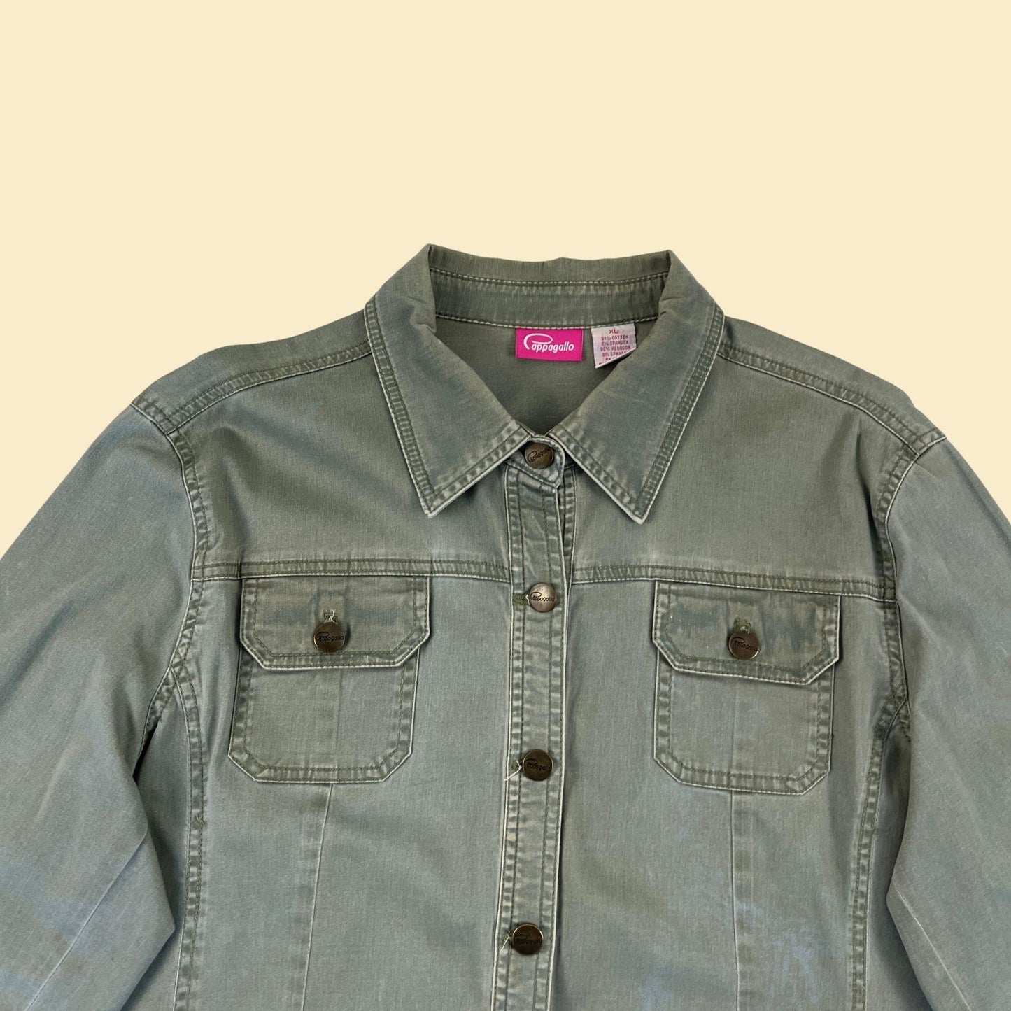 90s/Y2K olive green shirt, vintage Cappagallo women's XL denim-style button down blouse