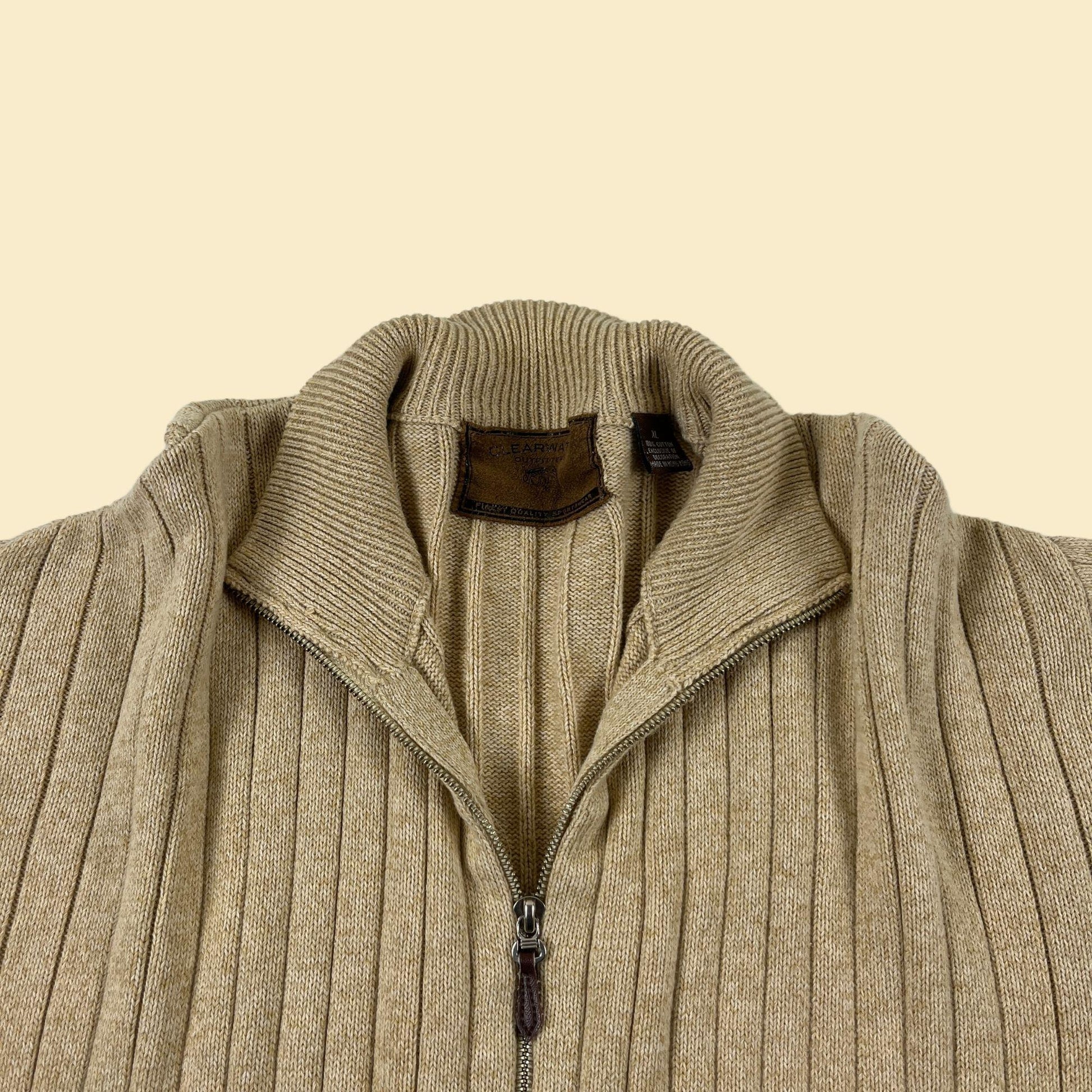 90s XL beige zip up sweater, vintage cream cotton men's zip up jacket by Clearwater Outfitters