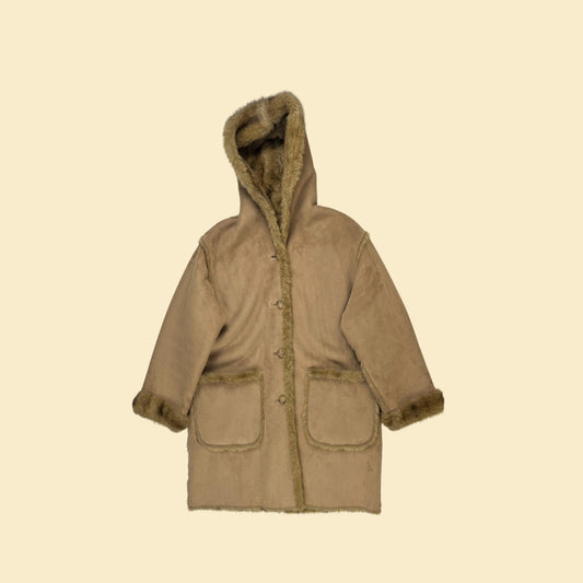 90s/Y2K reversible M faux fur/suede coat by Jones New York, vintage hooded beige & brown jacket