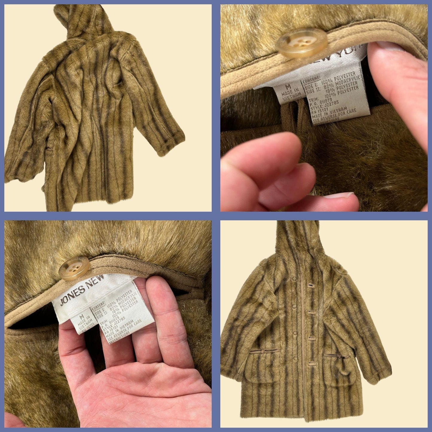 90s/Y2K reversible M faux fur/suede coat by Jones New York, vintage hooded beige & brown jacket