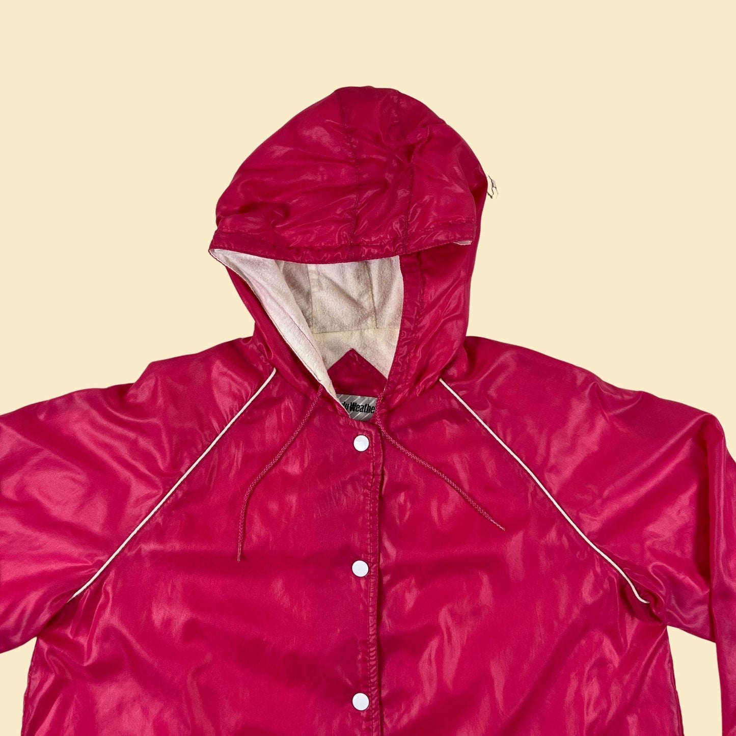 70s/80s XL hot pink windbreaker by Windy Weather, vintage snap clasp hooded pink & white jacket