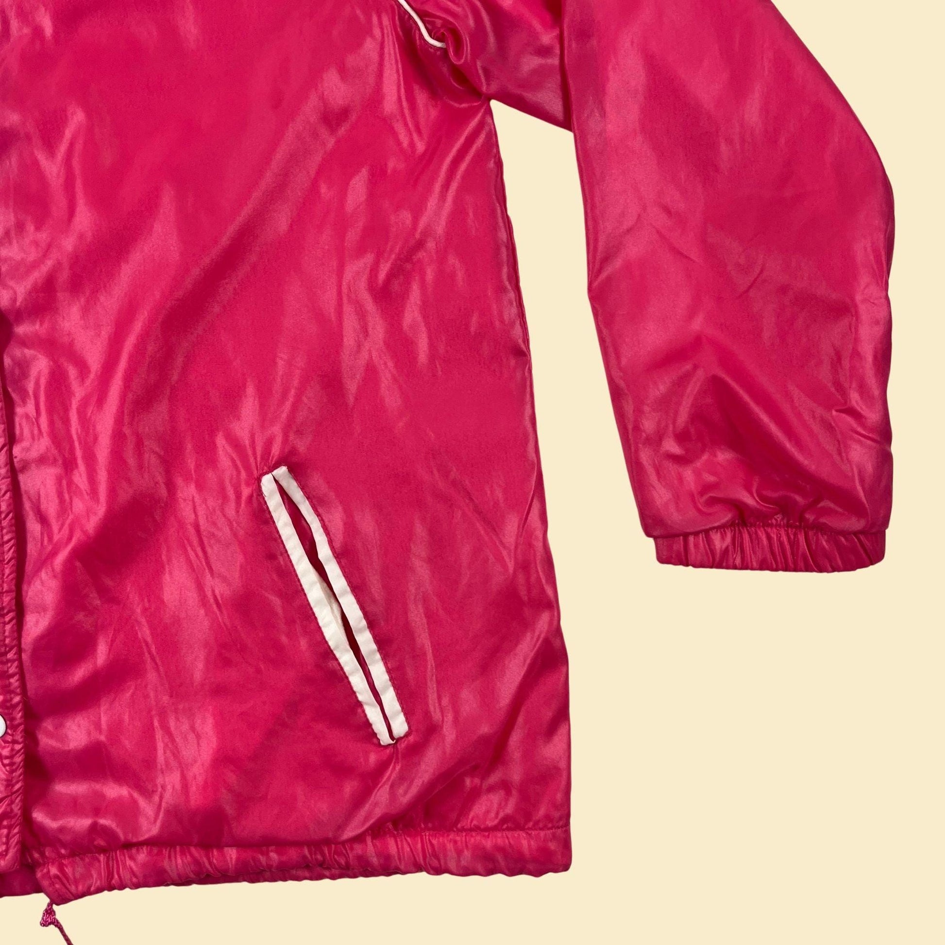 70s/80s XL hot pink windbreaker by Windy Weather, vintage snap clasp hooded pink & white jacket