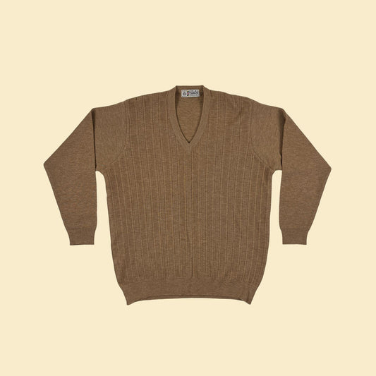 1970s brown wool sweater, vintage v-neck men's lightweight beige pullover