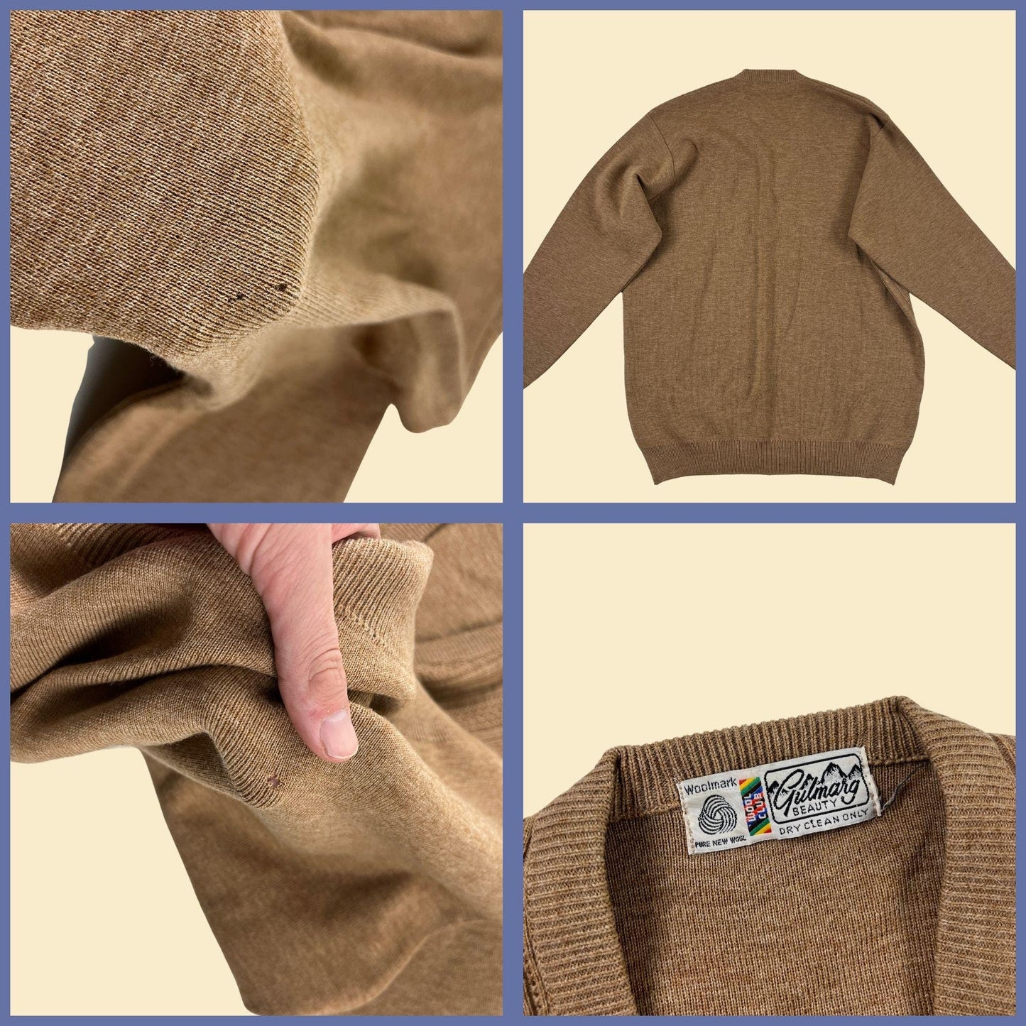 1970s brown wool sweater, vintage v-neck men's lightweight beige pullover