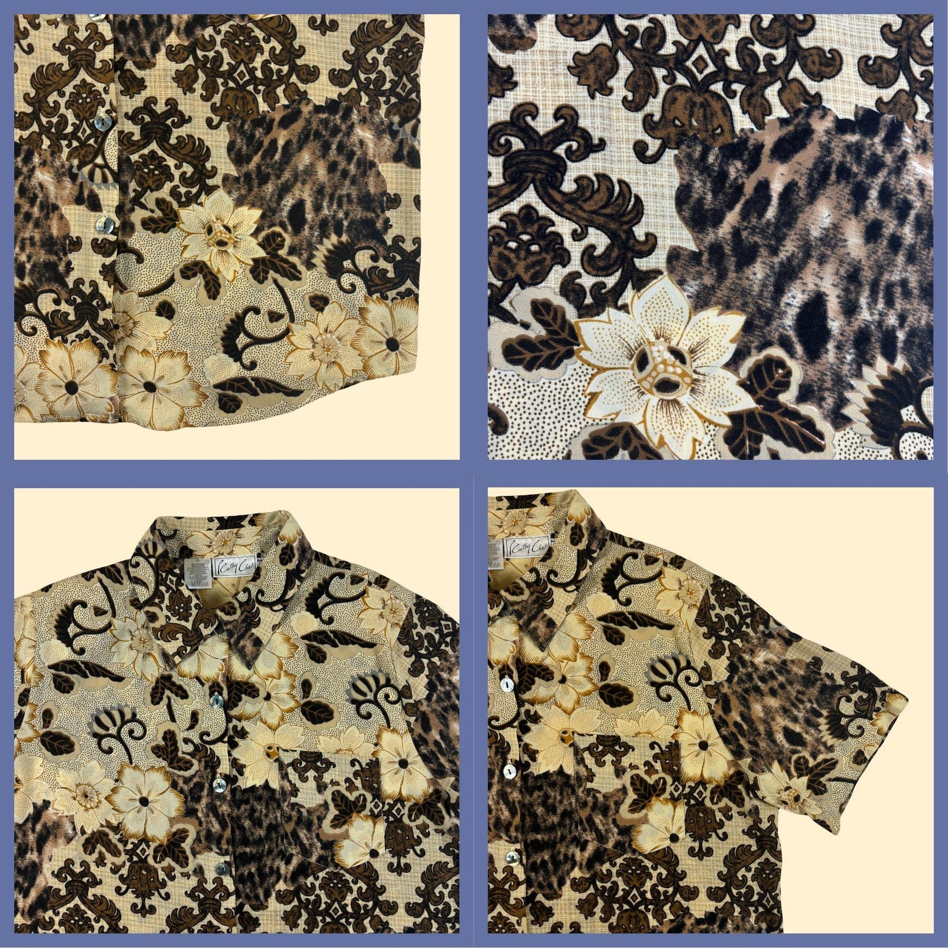 1990s abstract blouse by Kathy Che, size 16 vintage floral & animal print short sleeve button down