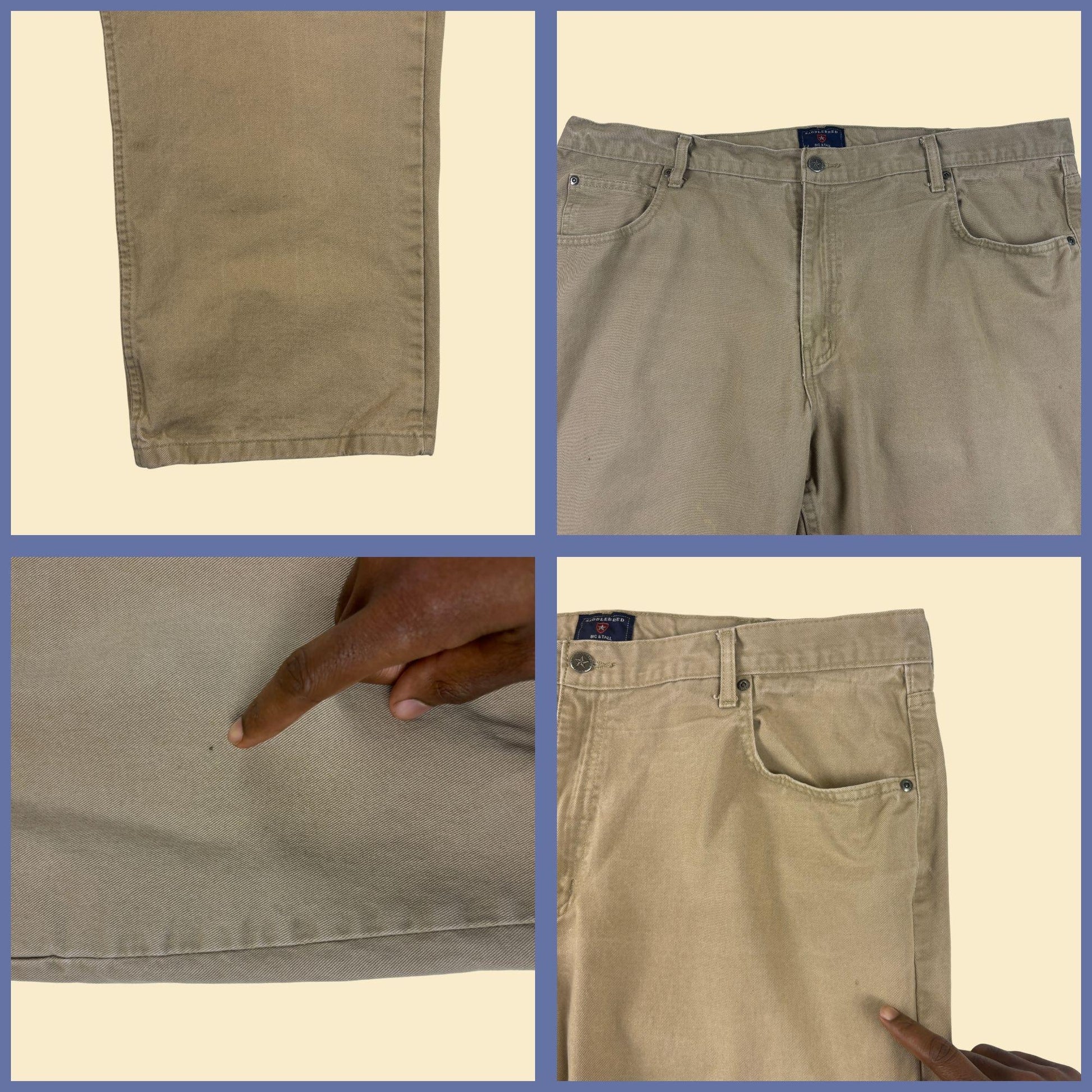 1990s 44x30 khaki denim-style pants by Saddlebred, vintage men's straight leg beige pants