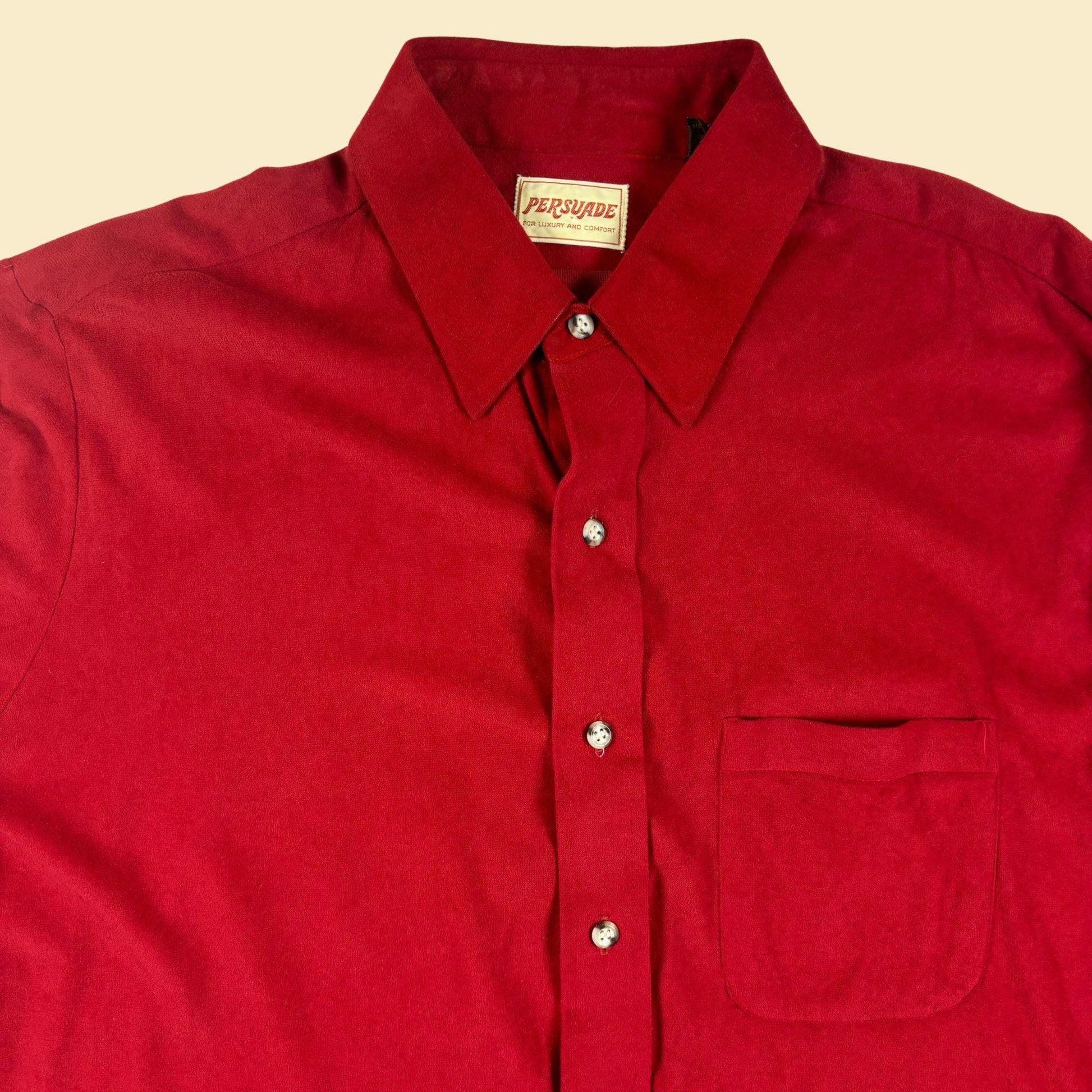 1970s red velour shirt by Persuade, vintage men's long sleeve lightweight