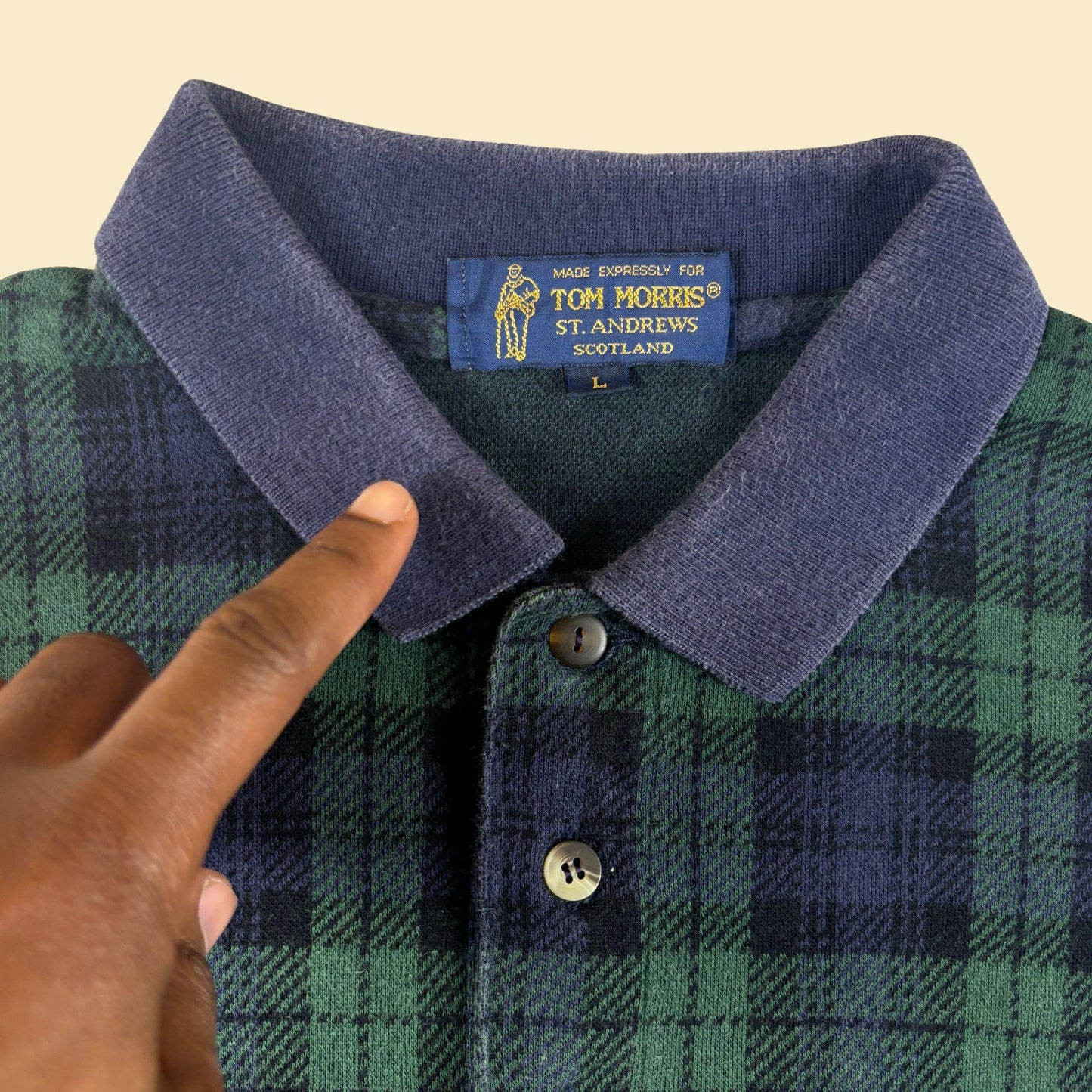 1990s polo shirt w/ Old Course St. Andrews logo, vintage size L green/blue tartan golf shirt by Tom Morris