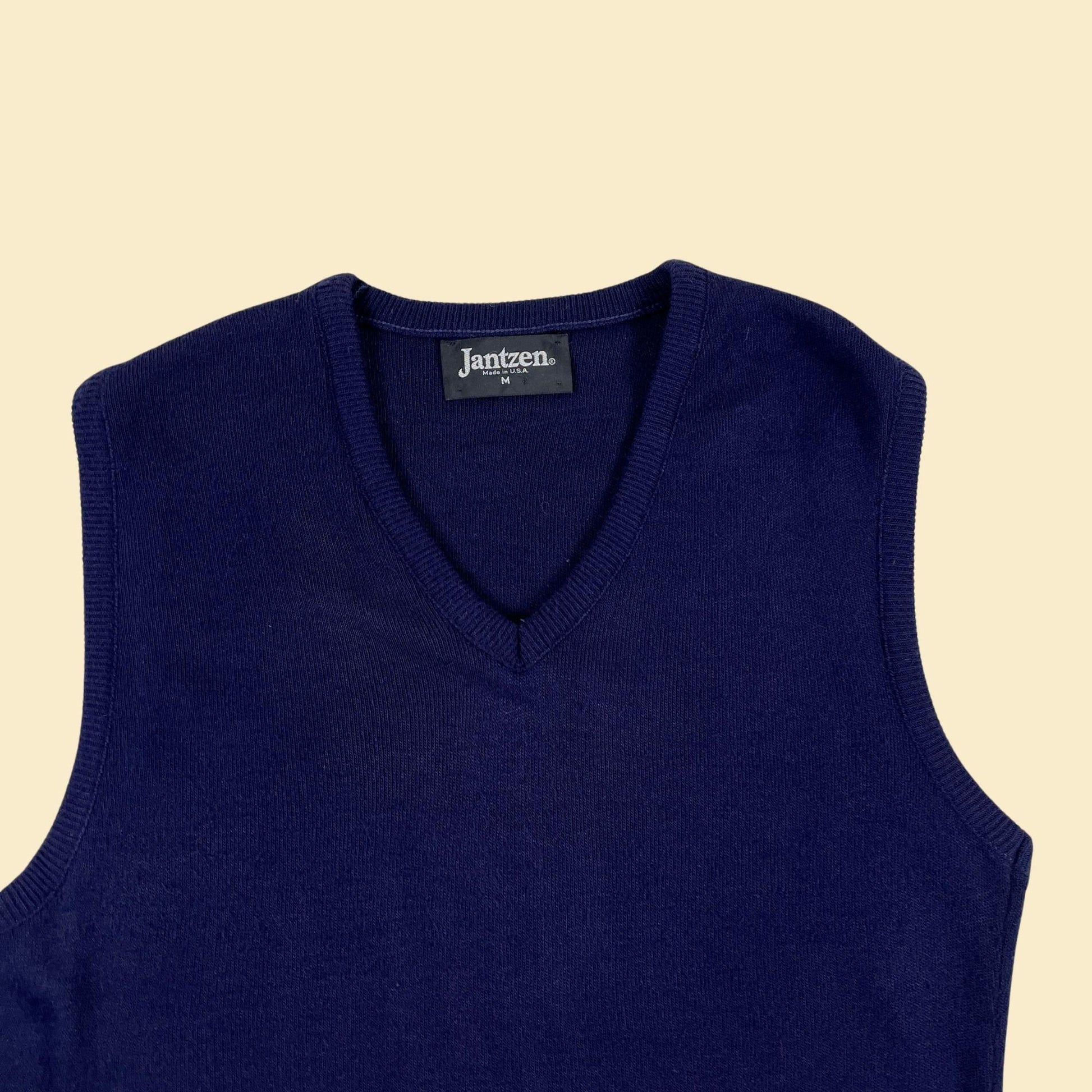 1980s M blue sweater vest by Jantzen, vintage knit men's USA-made navy blue sleeveless sweater