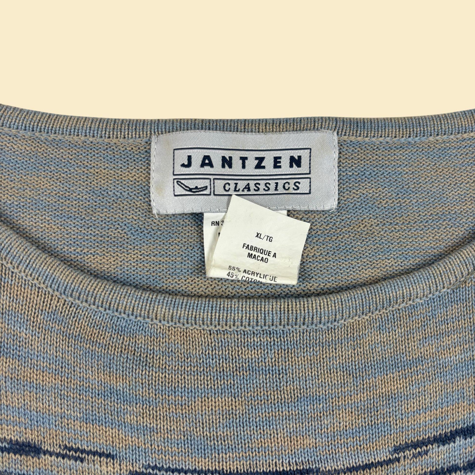 90s XL Jantzen sweatshirt, vintage women's blue/grey striped knit pullover