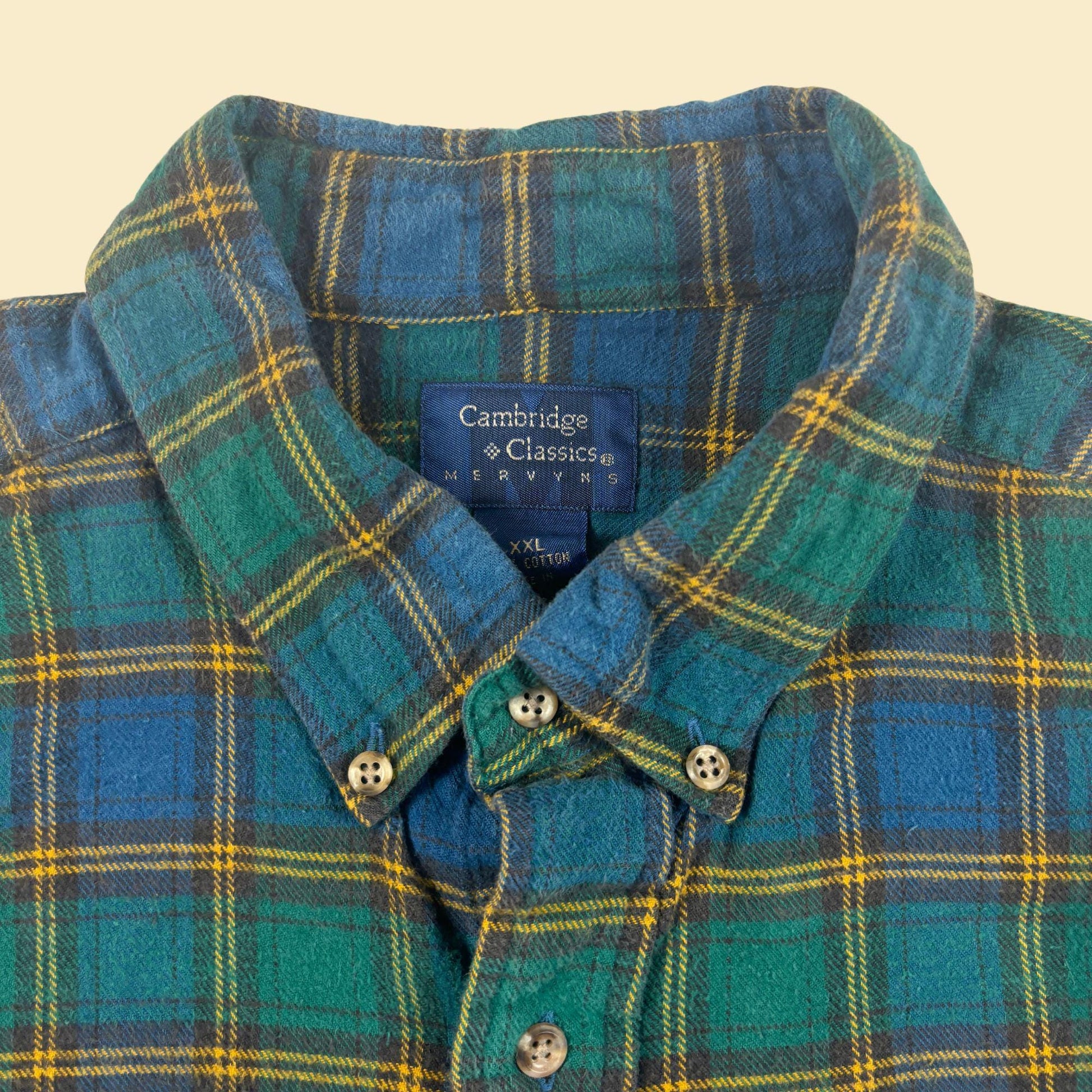 1990s green flannel shirt by Cambridge Classics, size XXL vintage green & blue button down shirt