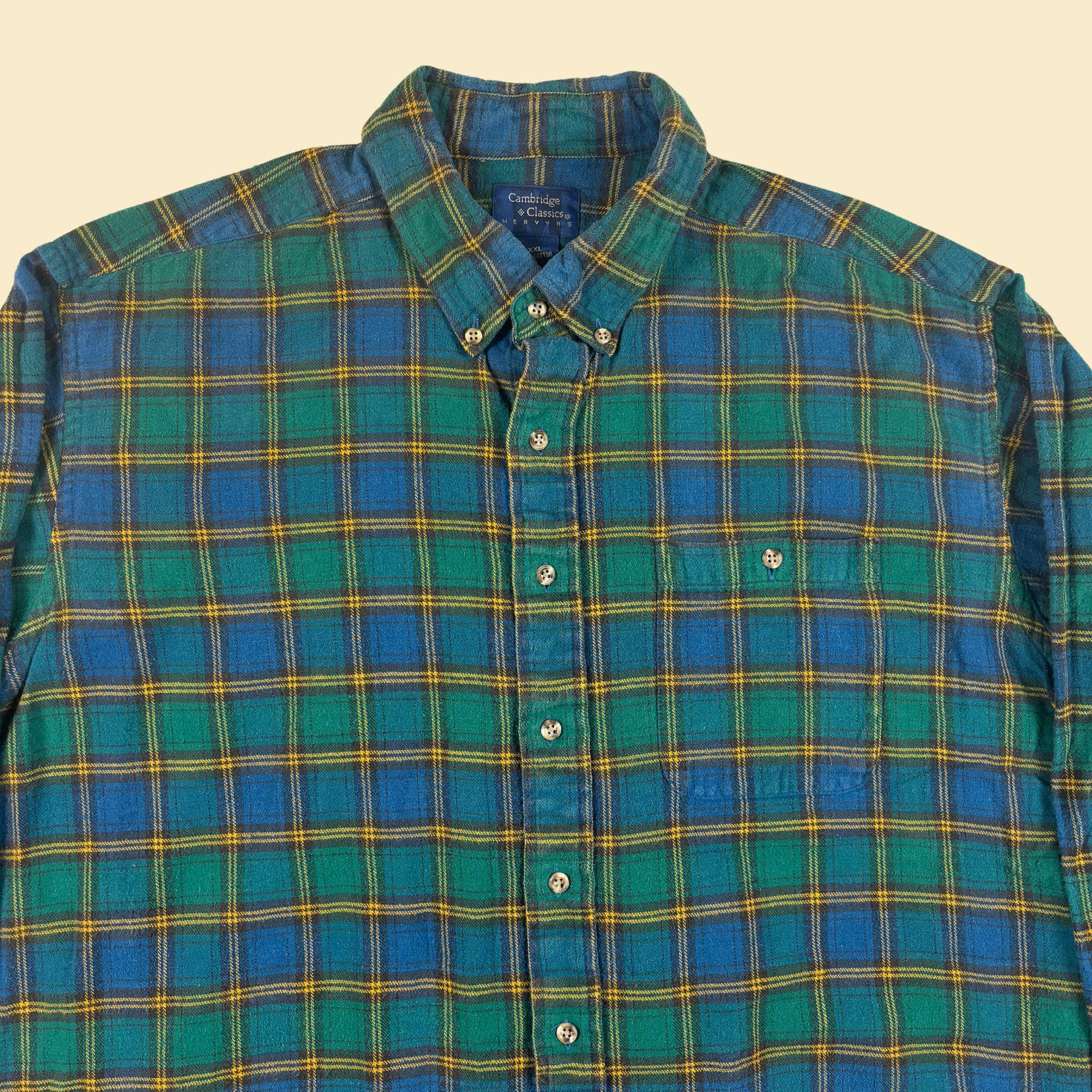 1990s green flannel shirt by Cambridge Classics, size XXL vintage green & blue button down shirt