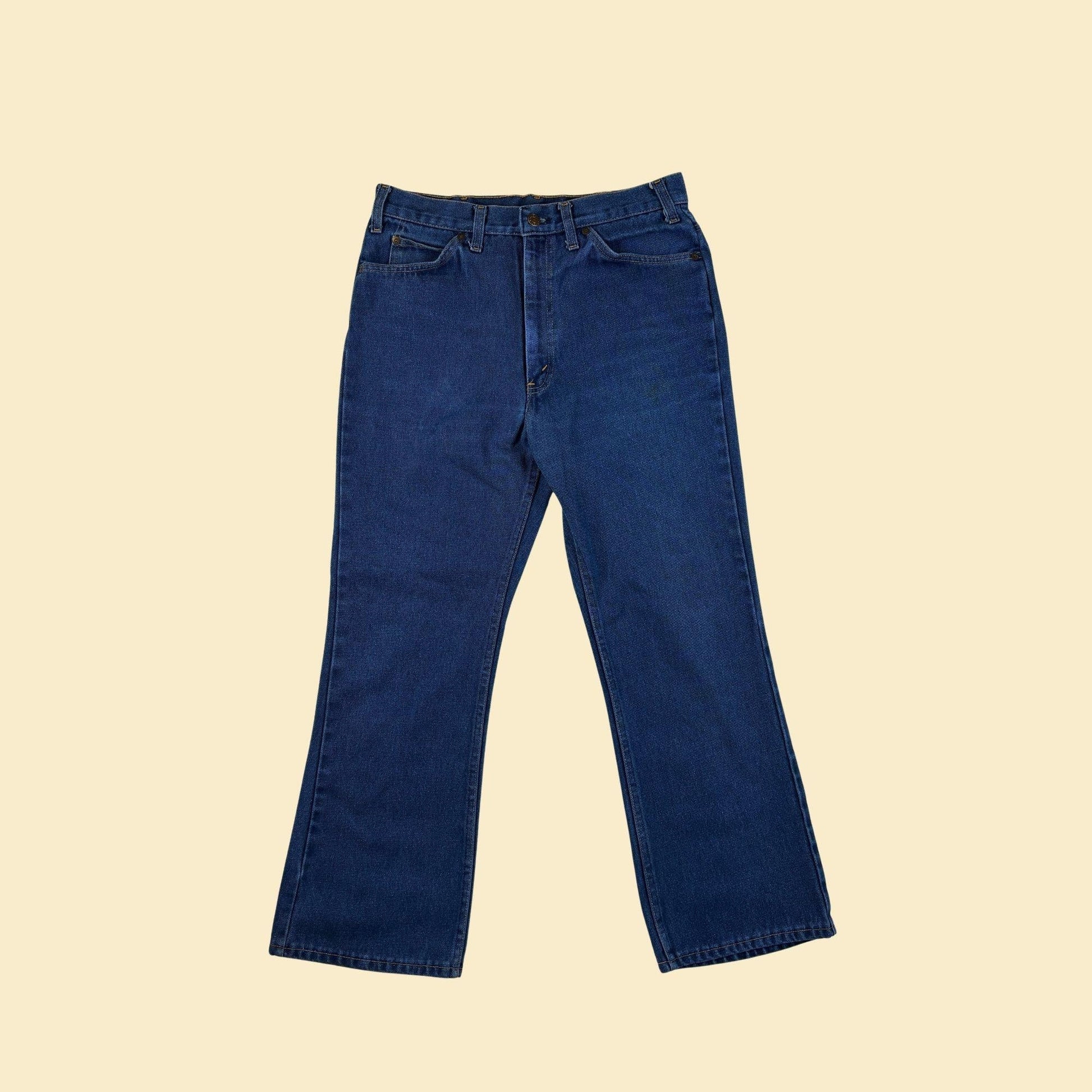 70s/80s bootcut men's 34x39 jeans by Plain Pockets (JCPenney), vintage men's blue denim pants