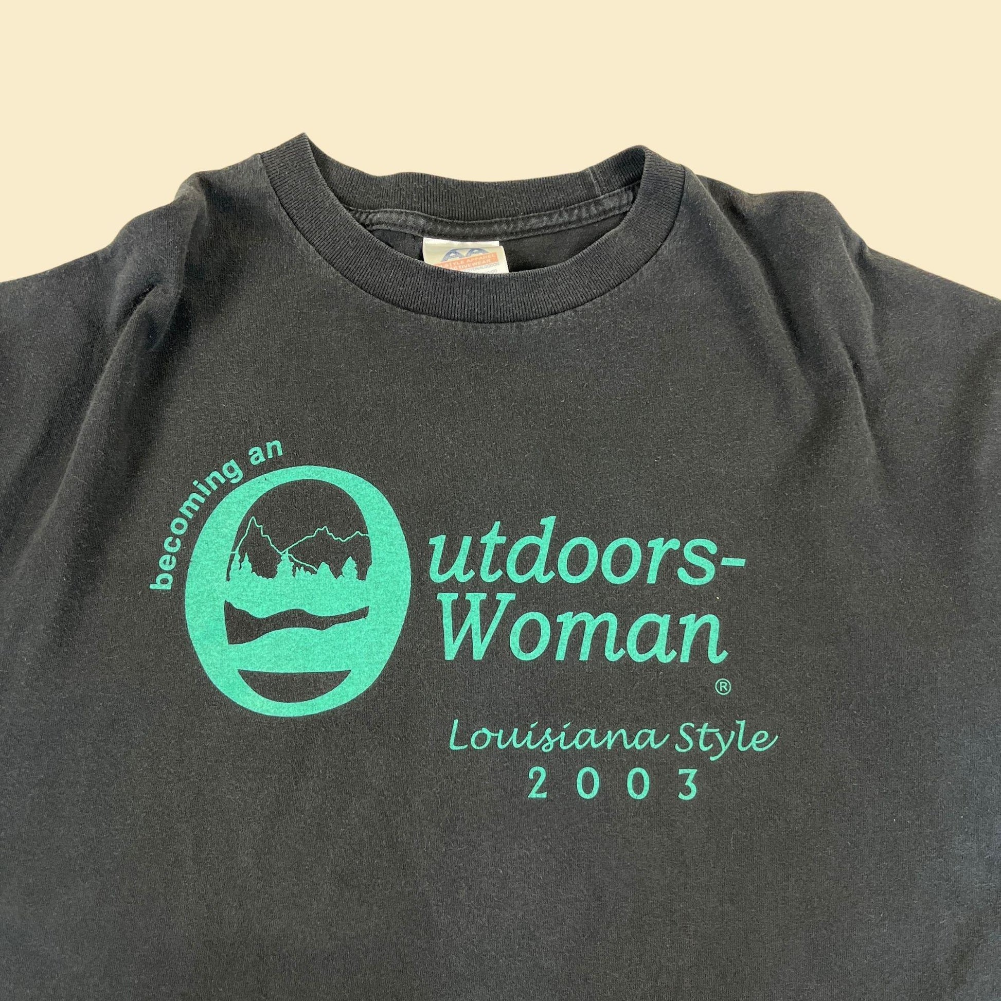 2003 XL Louisiana Outdoors Woman t-shirt, vintage black & green longsleeve crewneck