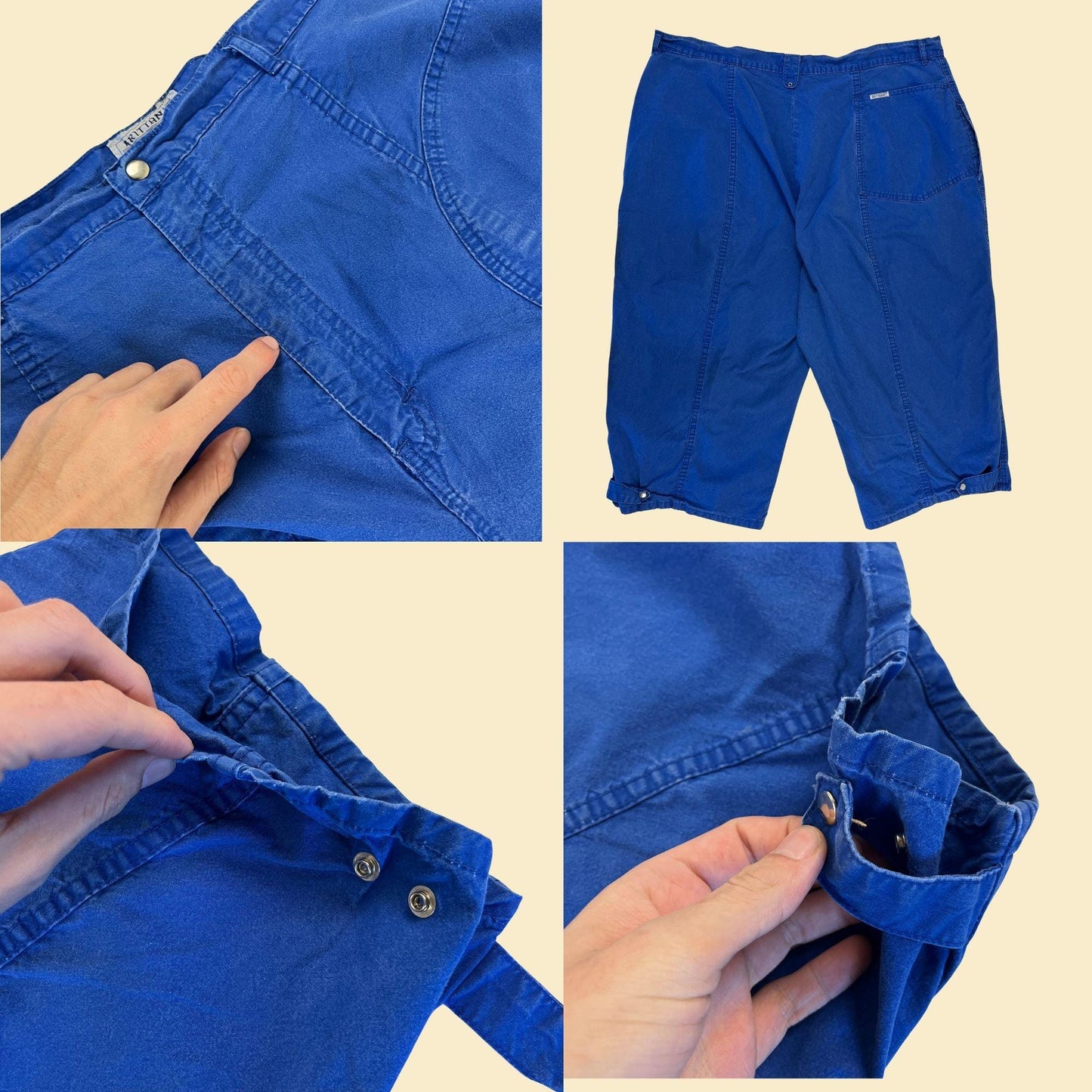 1970s blue cargo capris by Brittania, 42.5" waist women's 70s big pocket baggy pants