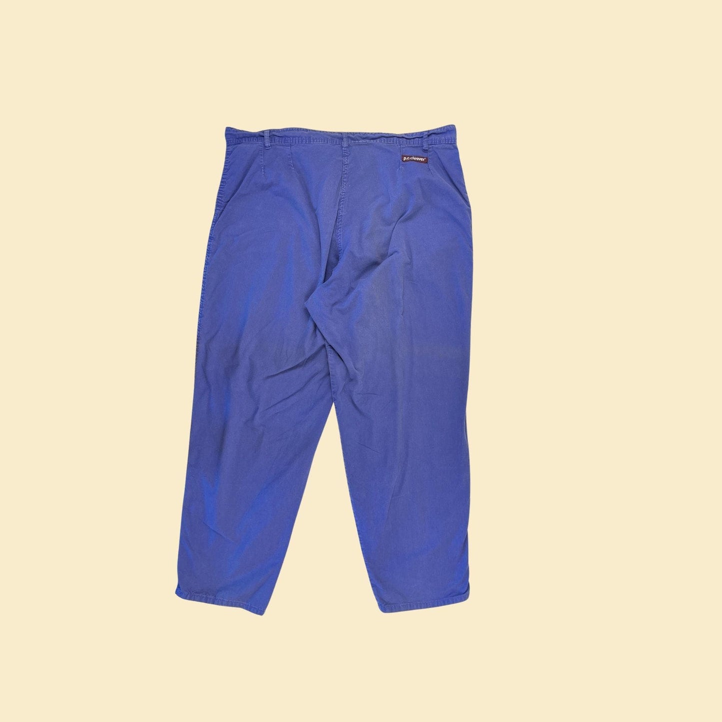 1970s blue 42.5x31 pants by P.C. Cleaver, vintage USA-made pleated indigo unisex cotton pants