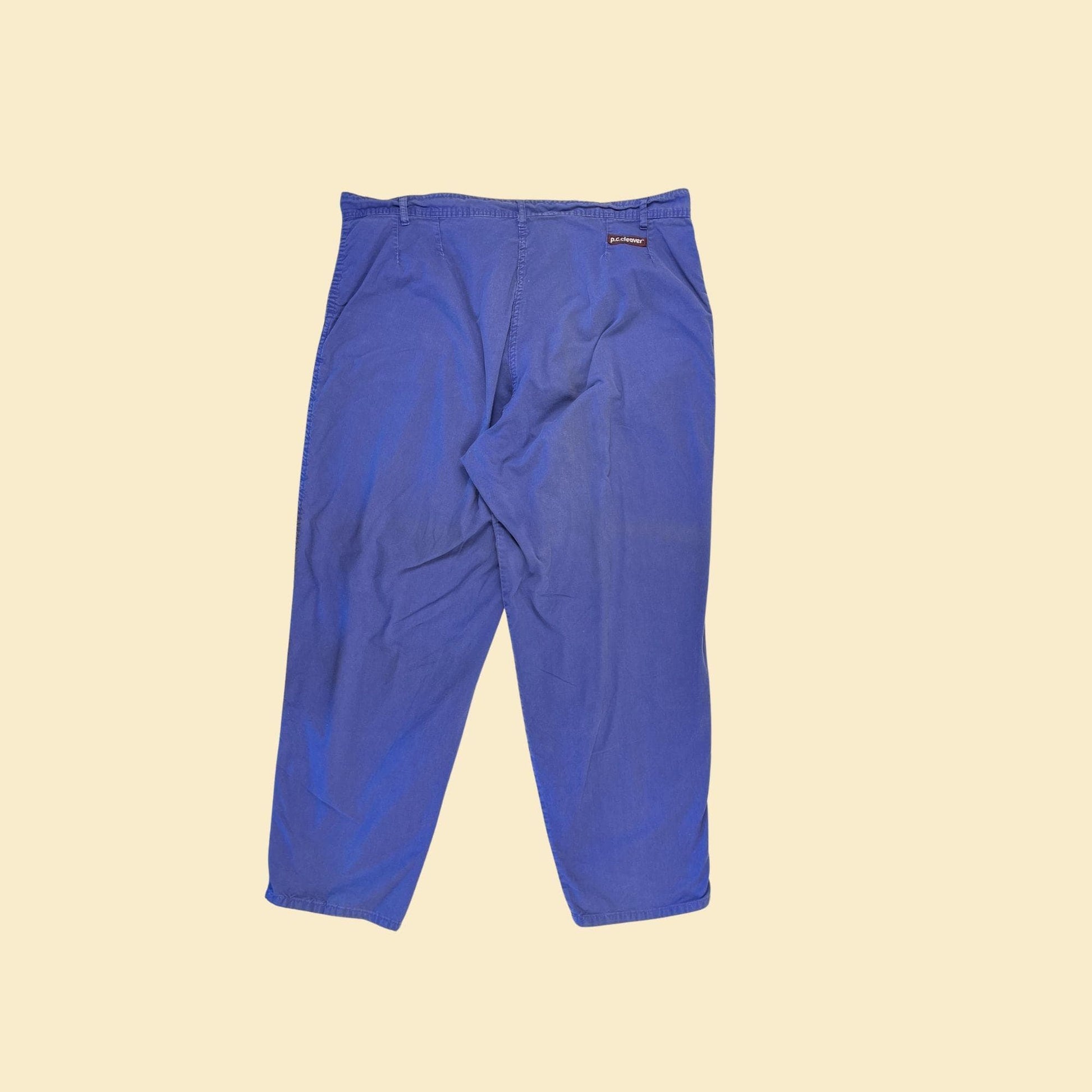 1970s blue 42.5x31 pants by P.C. Cleaver, vintage USA-made pleated indigo unisex cotton pants