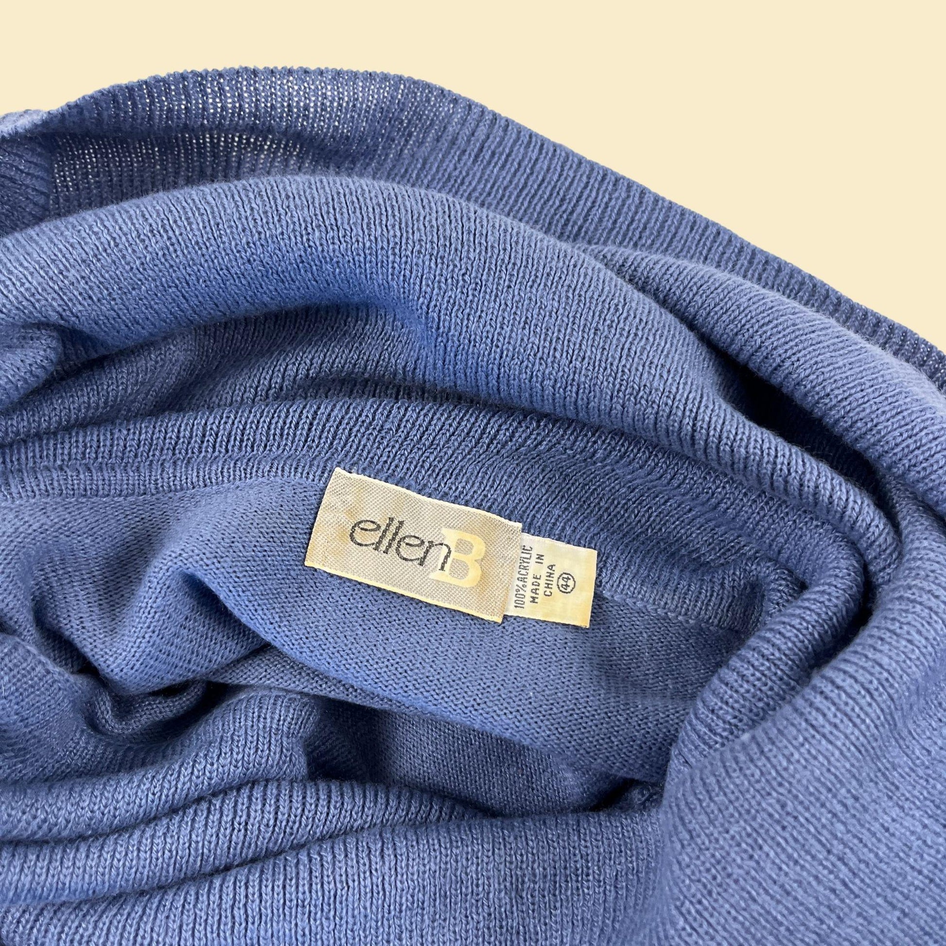 70s/80s Ellen B turtleneck pullover, size 44 vintage blue knit shirt/lightweight sweater