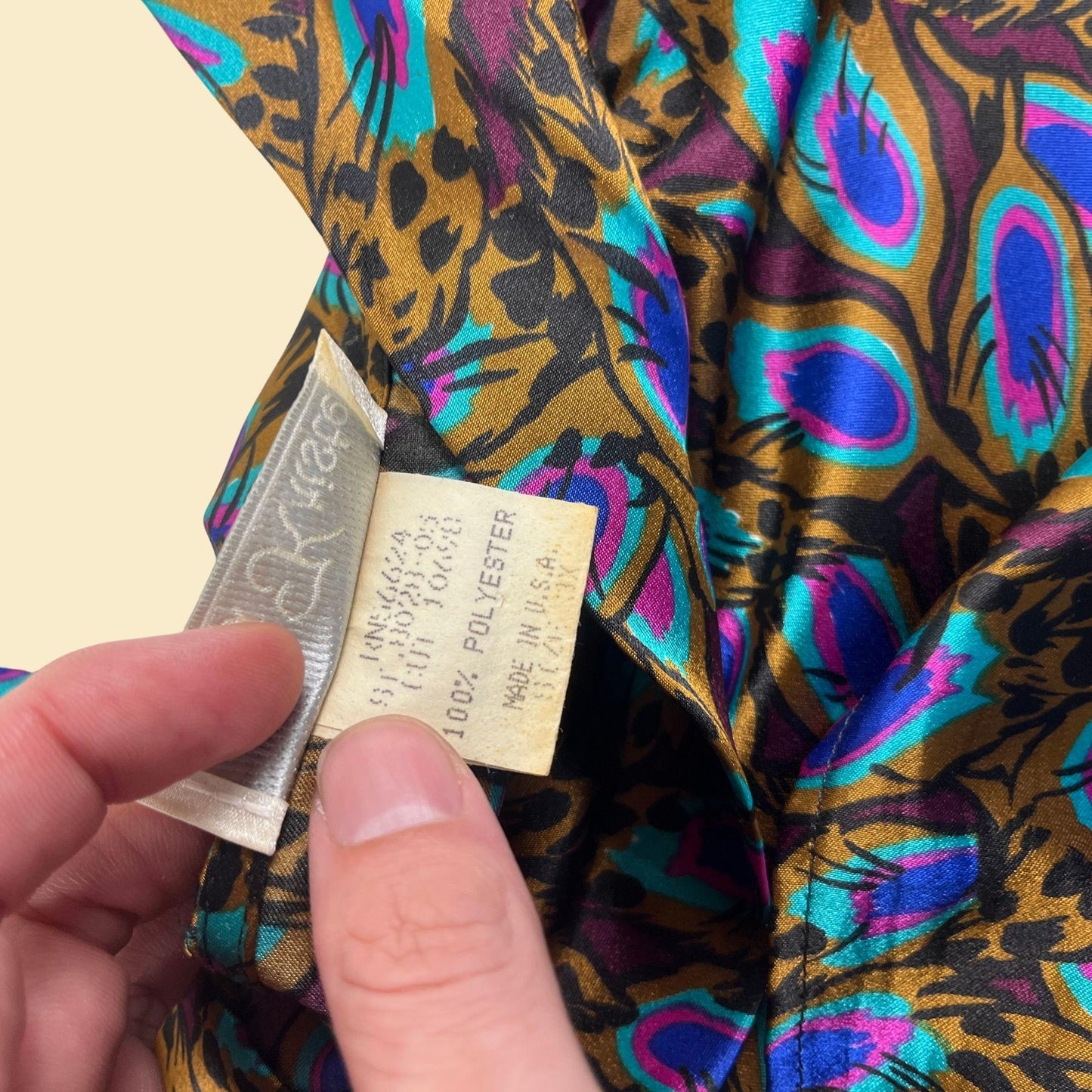 70s/80s satin size 3X blouse by Anna Kriste, vintage purple & teal abstract lightweight USA-made women's top/shirt