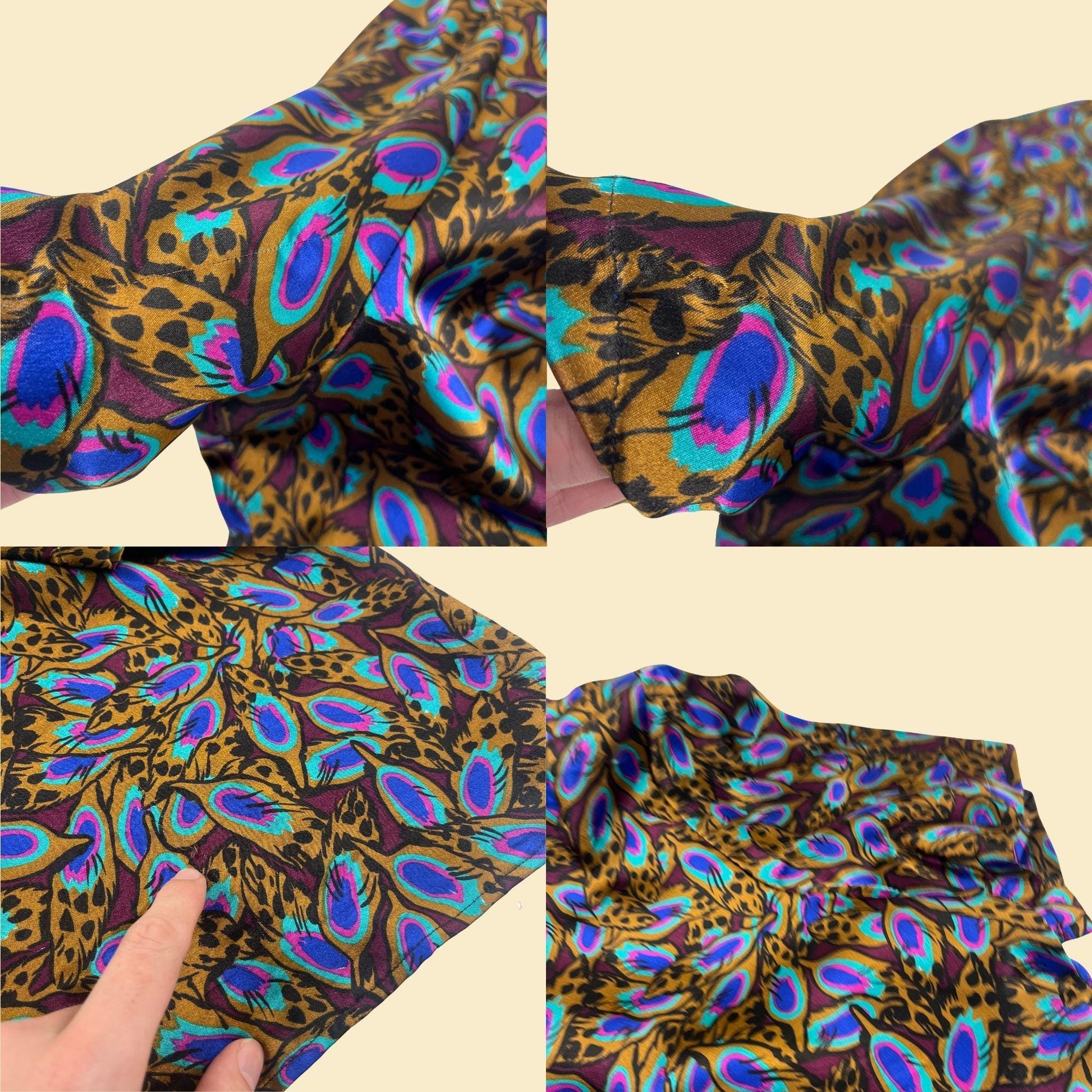 70s/80s satin size 3X blouse by Anna Kriste, vintage purple & teal abstract lightweight USA-made women's top/shirt