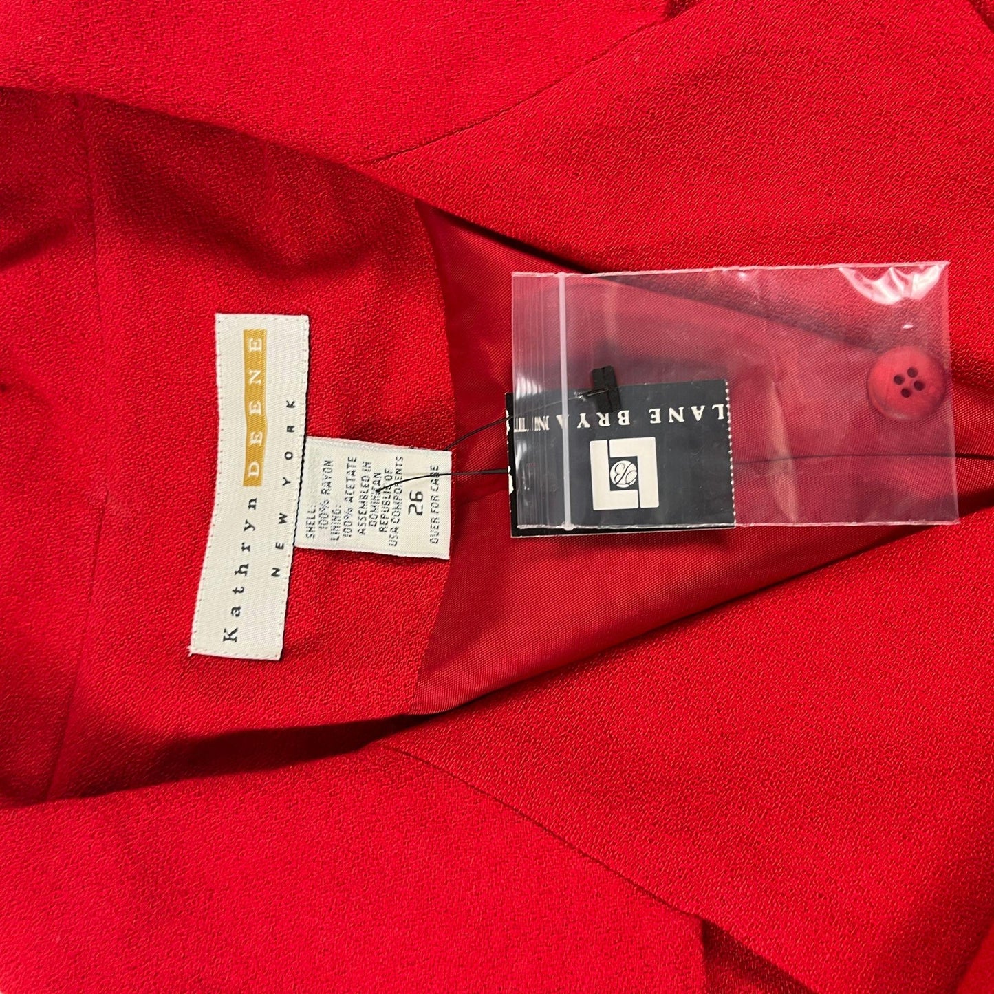 1990s red blazer jacket, size 26 vintage Kathryn Deene rayon/acetate jacket, new old stock (w/ tags from 90s)