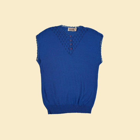 70s blue knit blouse by The Women's Workshop, vintage acrylic & nylon partially see-through top