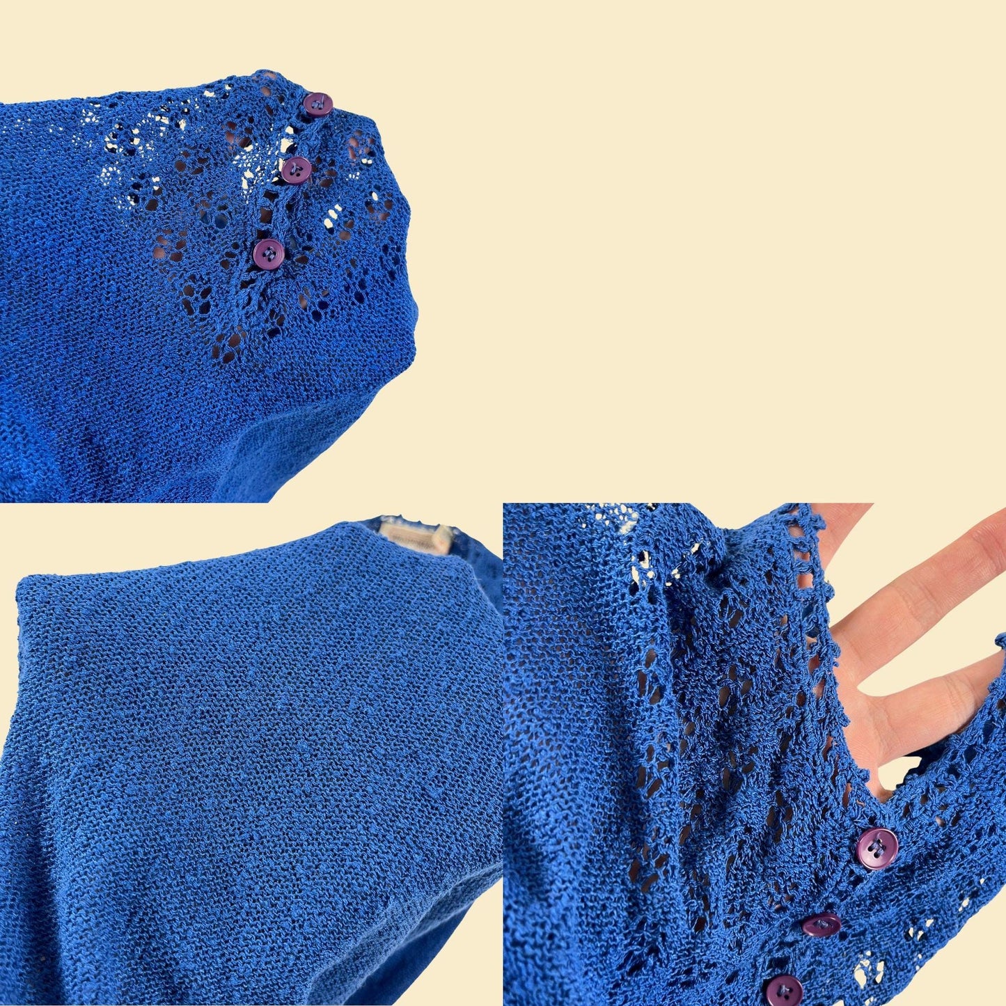 70s blue knit blouse by The Women's Workshop, vintage acrylic & nylon partially see-through top