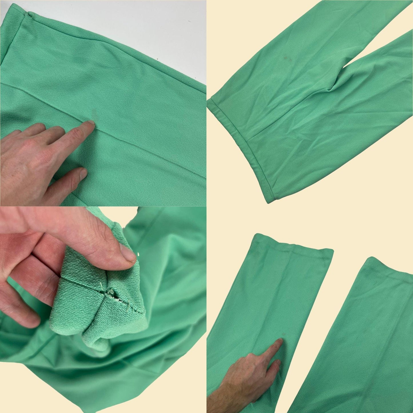 1970s green flare pants, vintage JCPenney women's 29" waist lightweight pastel green slacks