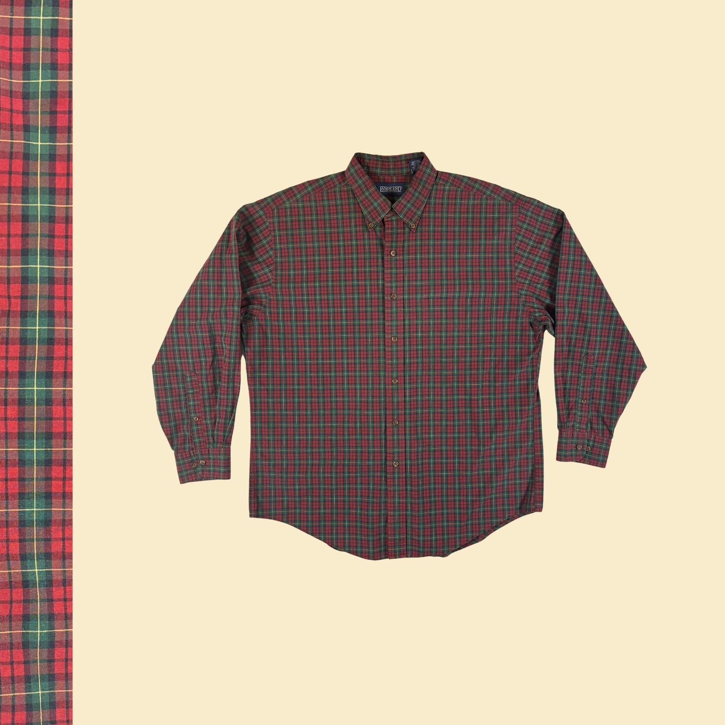 1990s Lands' End men's L shirt, vintage plaid red & green lightweight long sleeve button down top