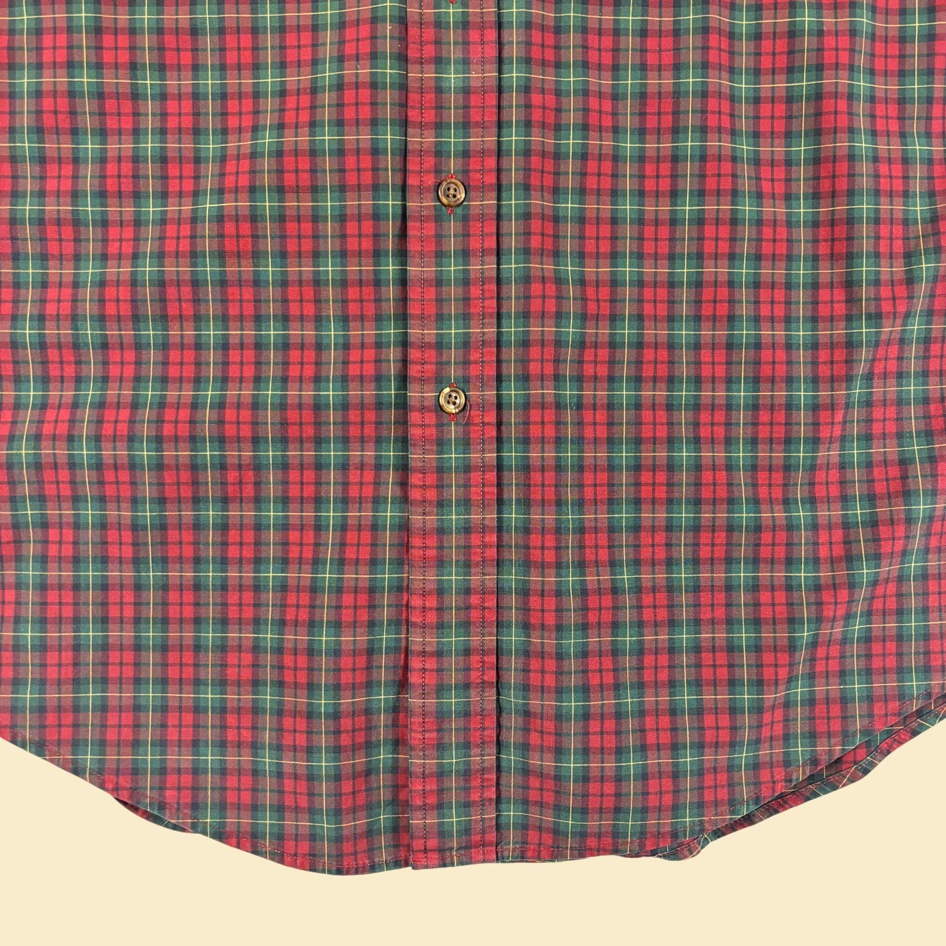 1990s Lands' End men's L shirt, vintage plaid red & green lightweight long sleeve button down top