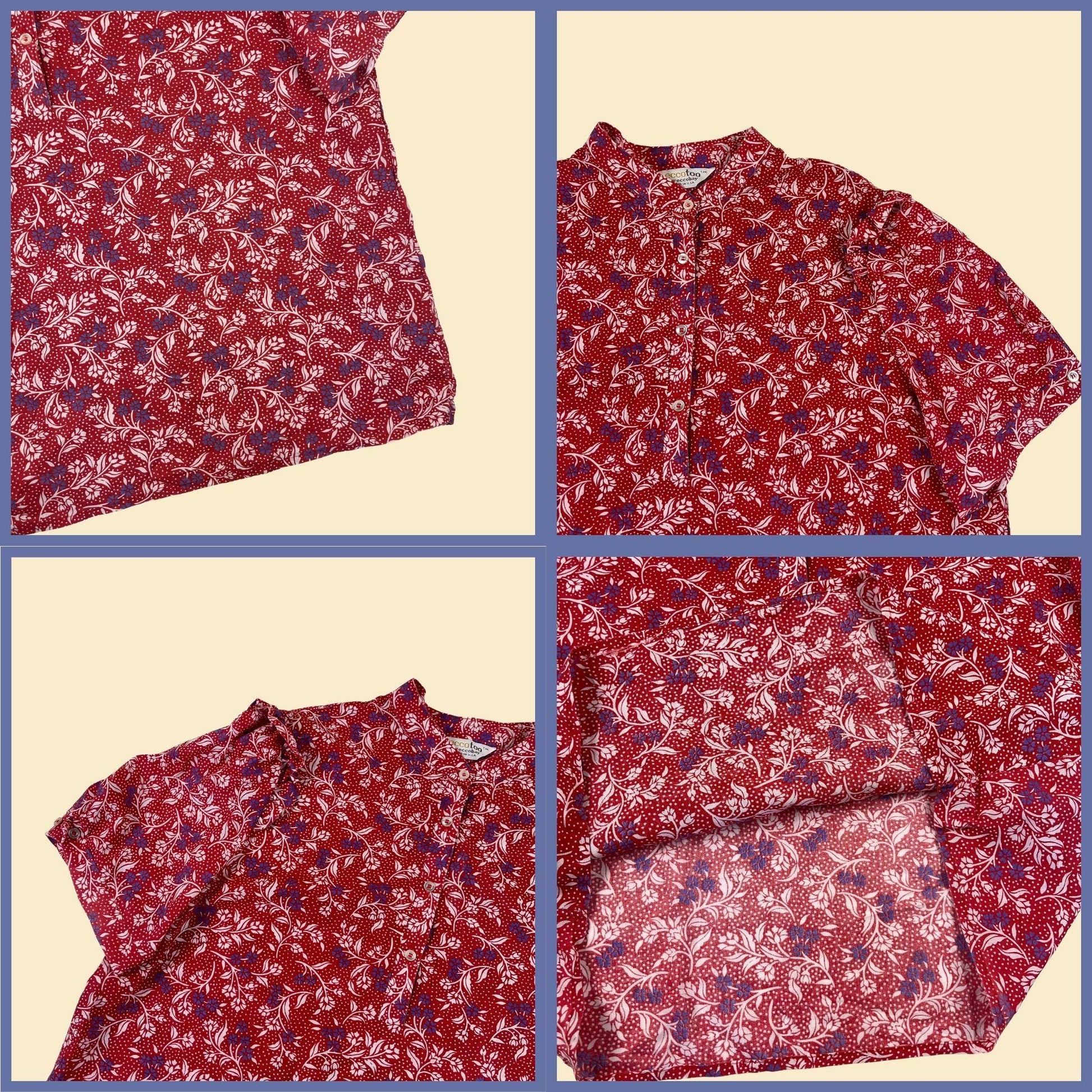 1970s abstract floral top by Ecco Bay, size 40 vintage red & purple short sleeve blouse