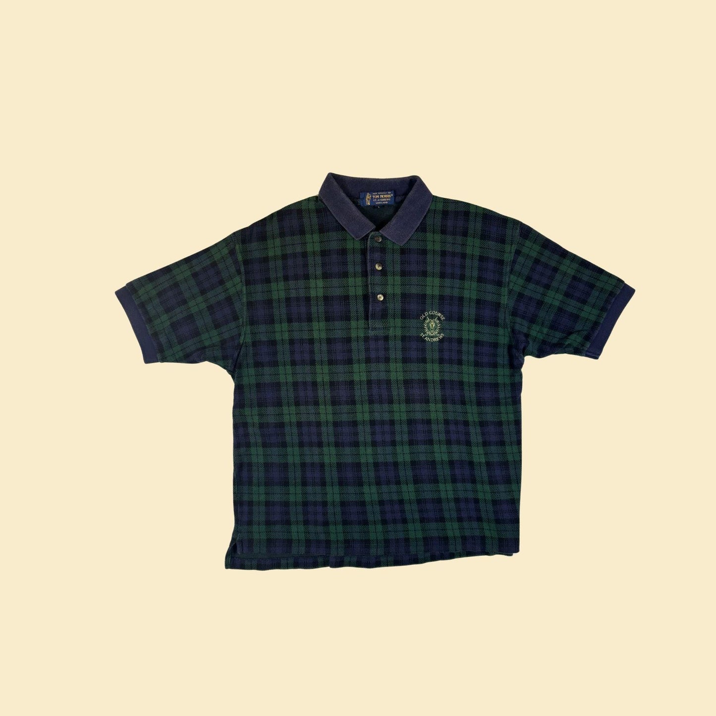 1990s polo shirt w/ Old Course St. Andrews logo, vintage size L green/blue tartan golf shirt by Tom Morris