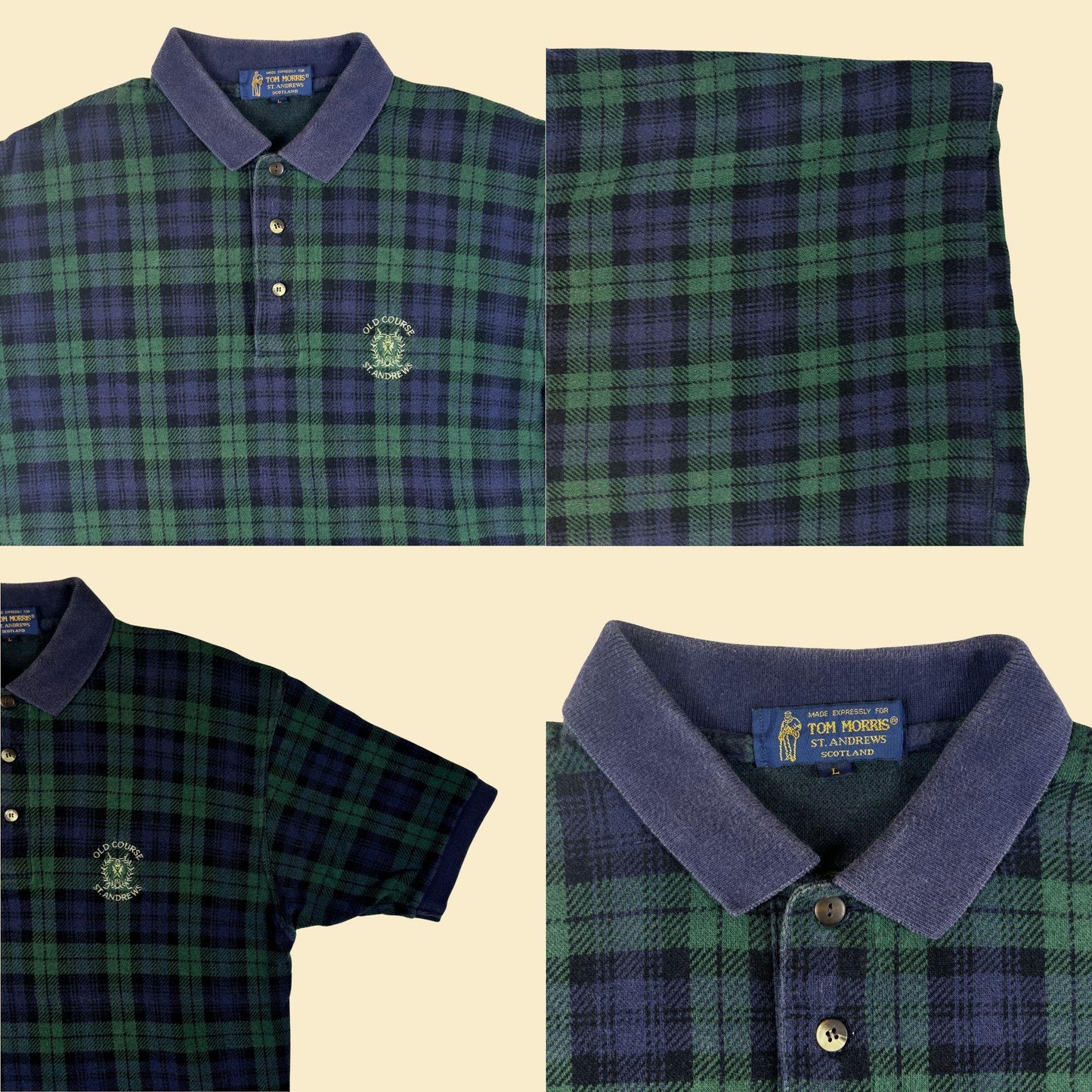 1990s polo shirt w/ Old Course St. Andrews logo, vintage size L green/blue tartan golf shirt by Tom Morris